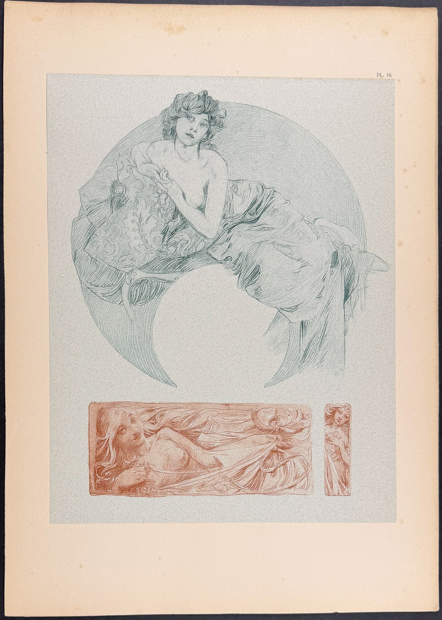 Mucha, Folio - Illustration of Women. 16: This stunning and rare lithograph is from Alphonse Mucha's Documents d?coratifs which was edited by Gabriel Mourey. The work was published in Paris by Librairie centrale des Beaux-Arts in 1902. The wo