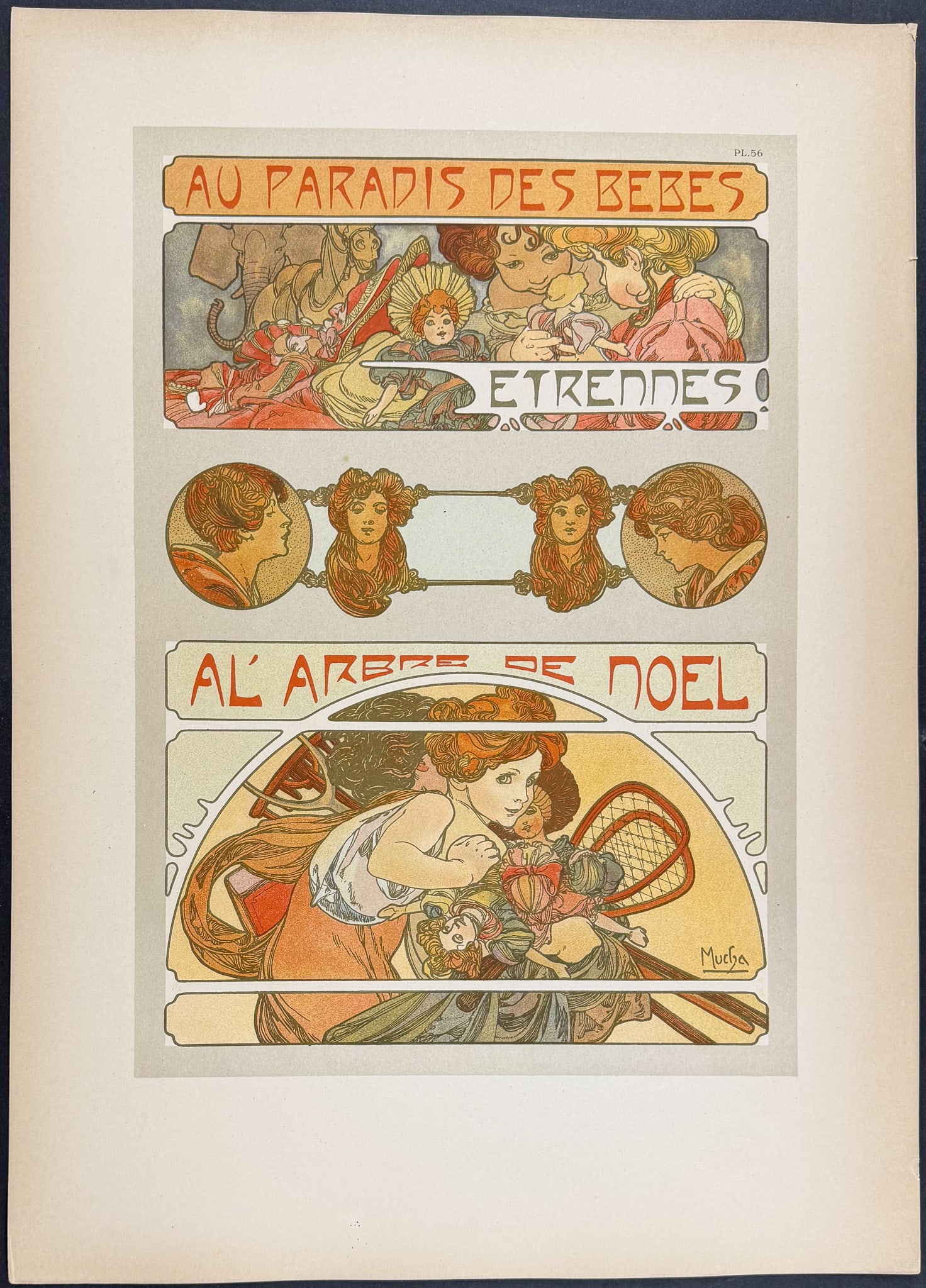 Mucha, Folio - Illustration of Young Women, Children. 56: This stunning and rare lithograph is from Alphonse Mucha's Documents d?coratifs which was edited by Gabriel Mourey. The work was published in Paris by Librairie centrale des Beaux-Arts in 1902. The wo