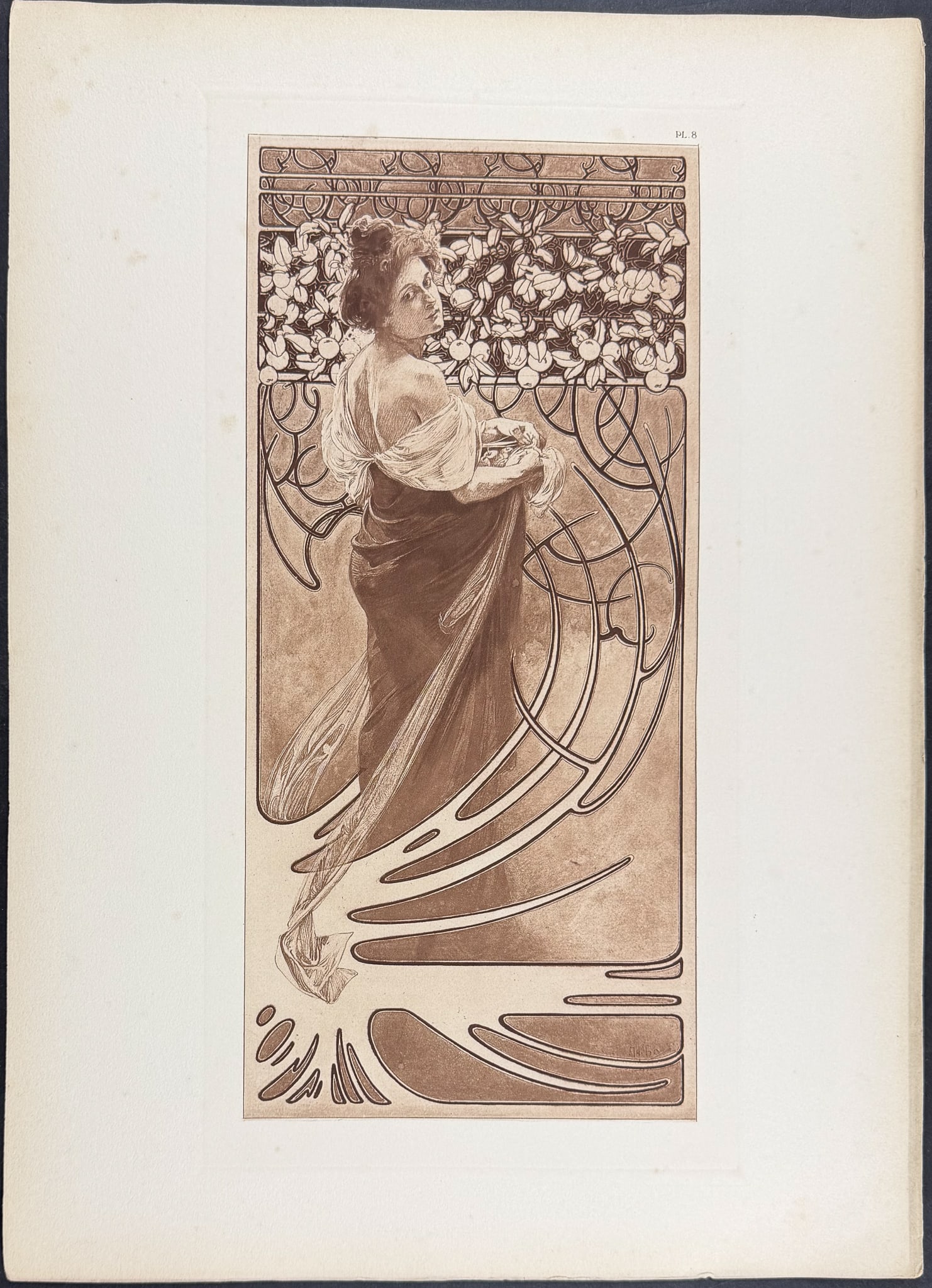 Mucha, Folio - Illustration of Woman with Flowers. 8: This stunning and rare lithograph is from Alphonse Mucha's Documents d?coratifs which was edited by Gabriel Mourey. The work was published in Paris by Librairie centrale des Beaux-Arts in 1902. The wo