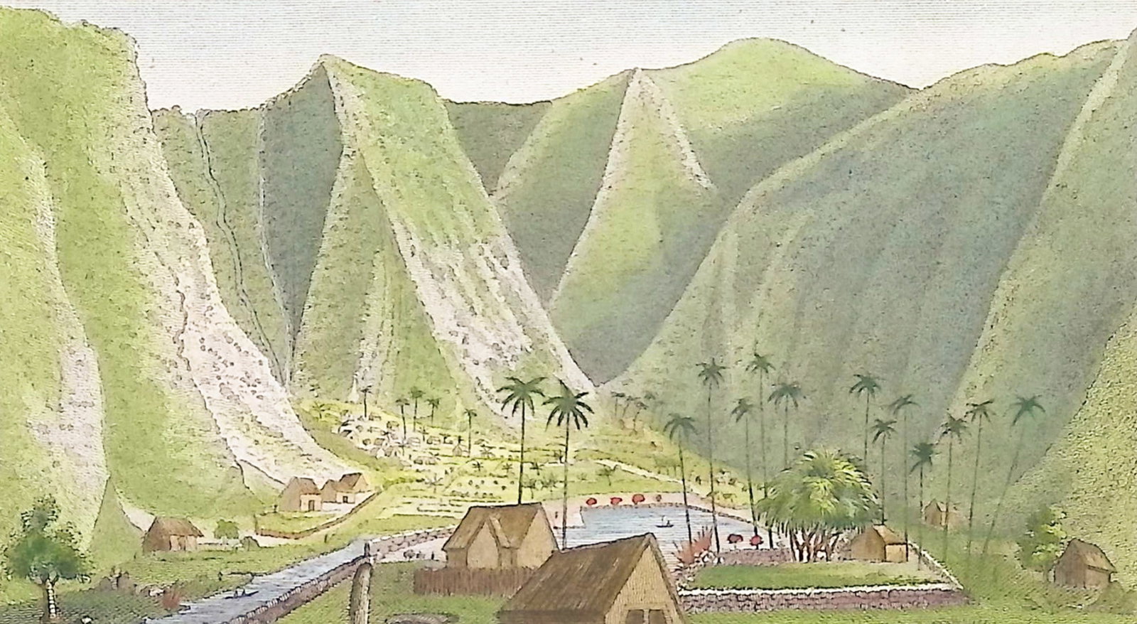 Ellis, Hawaii - The Valley of Waipio, from the Sand Hills on the Beach (Valley of the Kings): This historic engraving is from William Ellis's "Narrative of a tour Through Hawaii, or Owhyhee; With Observations On The Natural History of the Sandwich Islands, and Remarks on the Manners, Customs, 