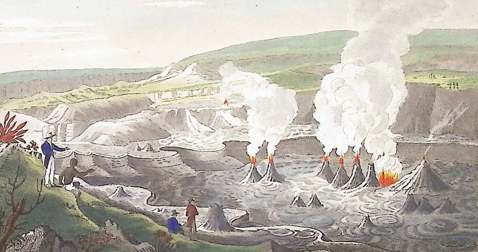Ellis, Hawaii - The South-West End of the Volcano of Ki-rau-e-a, in Hawaii (Sandwich Islands): This historic engraving is from William Ellis's "Narrative of a tour Through Hawaii, or Owhyhee; With Observations On The Natural History of the Sandwich Islands, and Remarks on the Manners, Customs, 