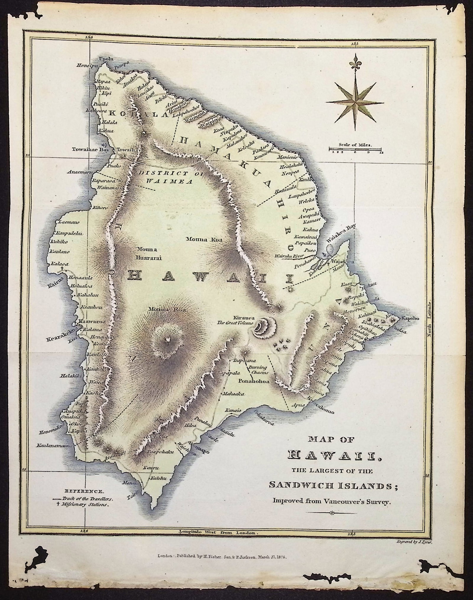 Ellis, Hawaii - Map of Hawaii, the Largest of the Sandwich Islands, Improved from Vancouver's Survey: This historic engraving is from William Ellis's "Narrative of a tour Through Hawaii, or Owhyhee; With Observations On The Natural History of the Sandwich Islands, and Remarks on the Manners, Customs, 