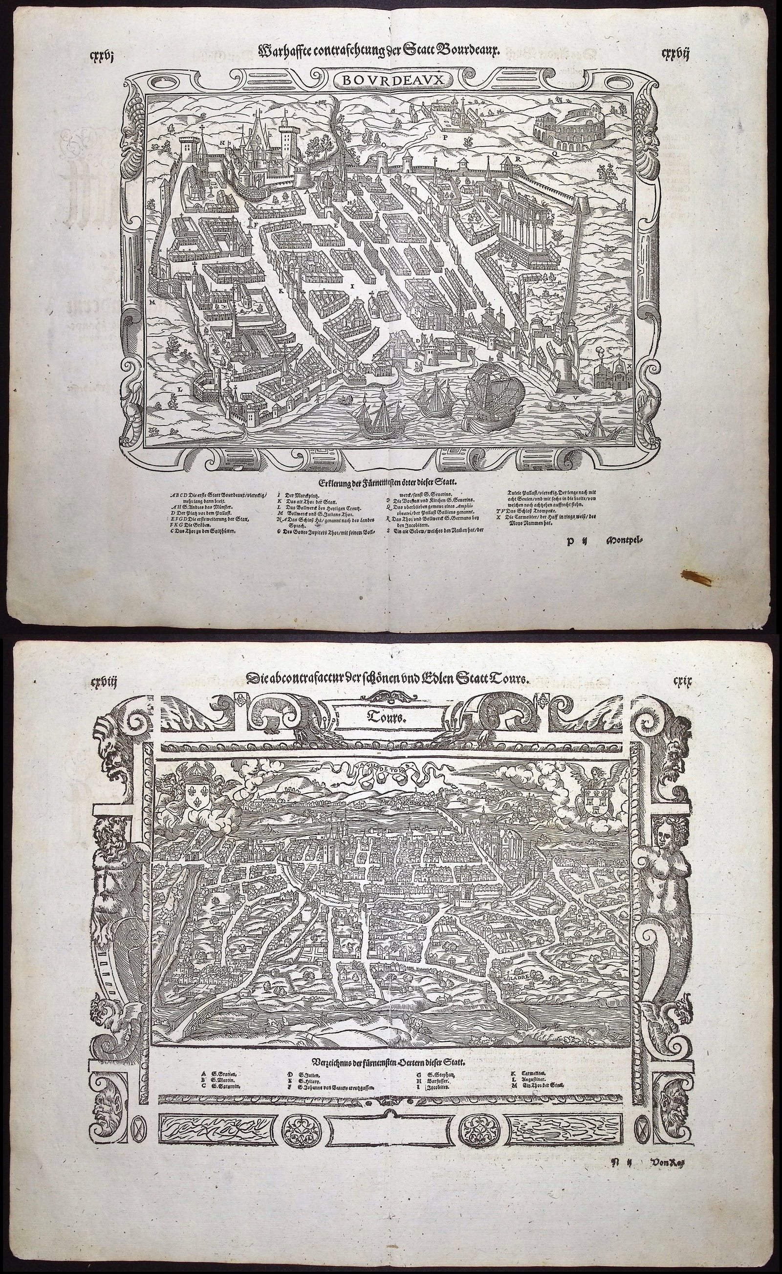 Munster, pub. 1598 - Pair of Maps of France: Bourdeaux & Tours: This very old woodcut is from Sebastian Munster's "Cosmographey: das ist Beschreibung aller L?nder [...]" It was published in Basel in 1598 by Henric Petri. The work was a massive chronicle of all the