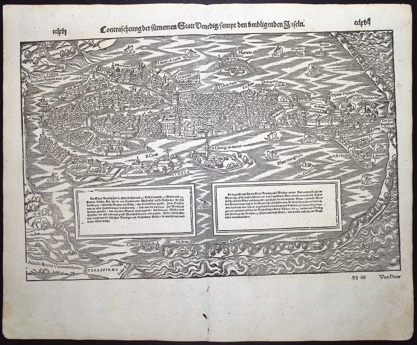 Munster, pub. 1598 - Map of Venice, Italy: This very old woodcut is from Sebastian Munster's "Cosmographey: das ist Beschreibung aller L?nder [...]" It was published in Basel in 1598 by Henric Petri. The work was a massive chronicle of all the