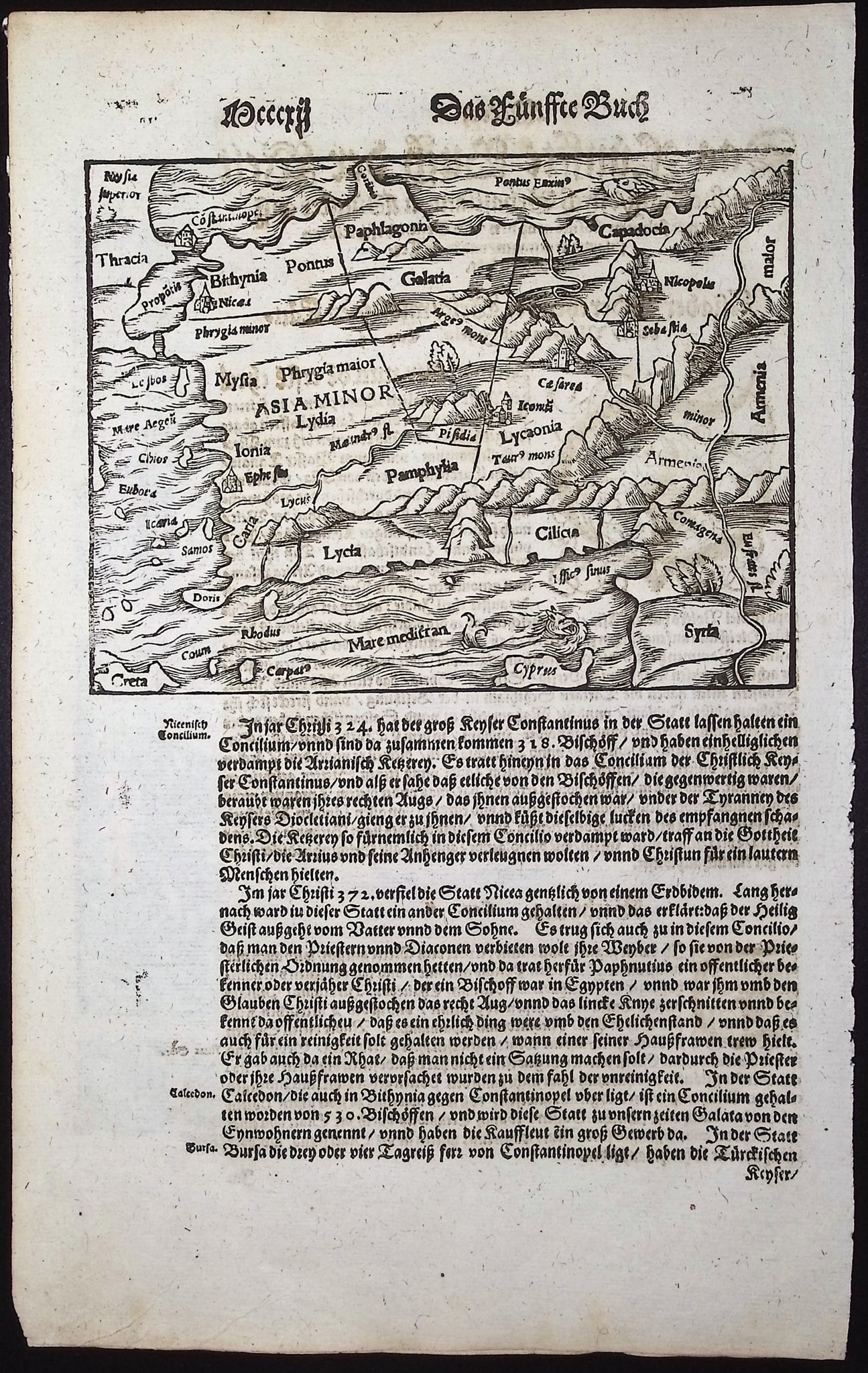 Munster, pub. 1598 - Map of Asia Minor, Turkey: This very old woodcut is from Sebastian Munster's "Cosmographey: das ist Beschreibung aller L?nder [...]" It was published in Basel in 1598 by Henric Petri. The work was a massive chronicle of all the