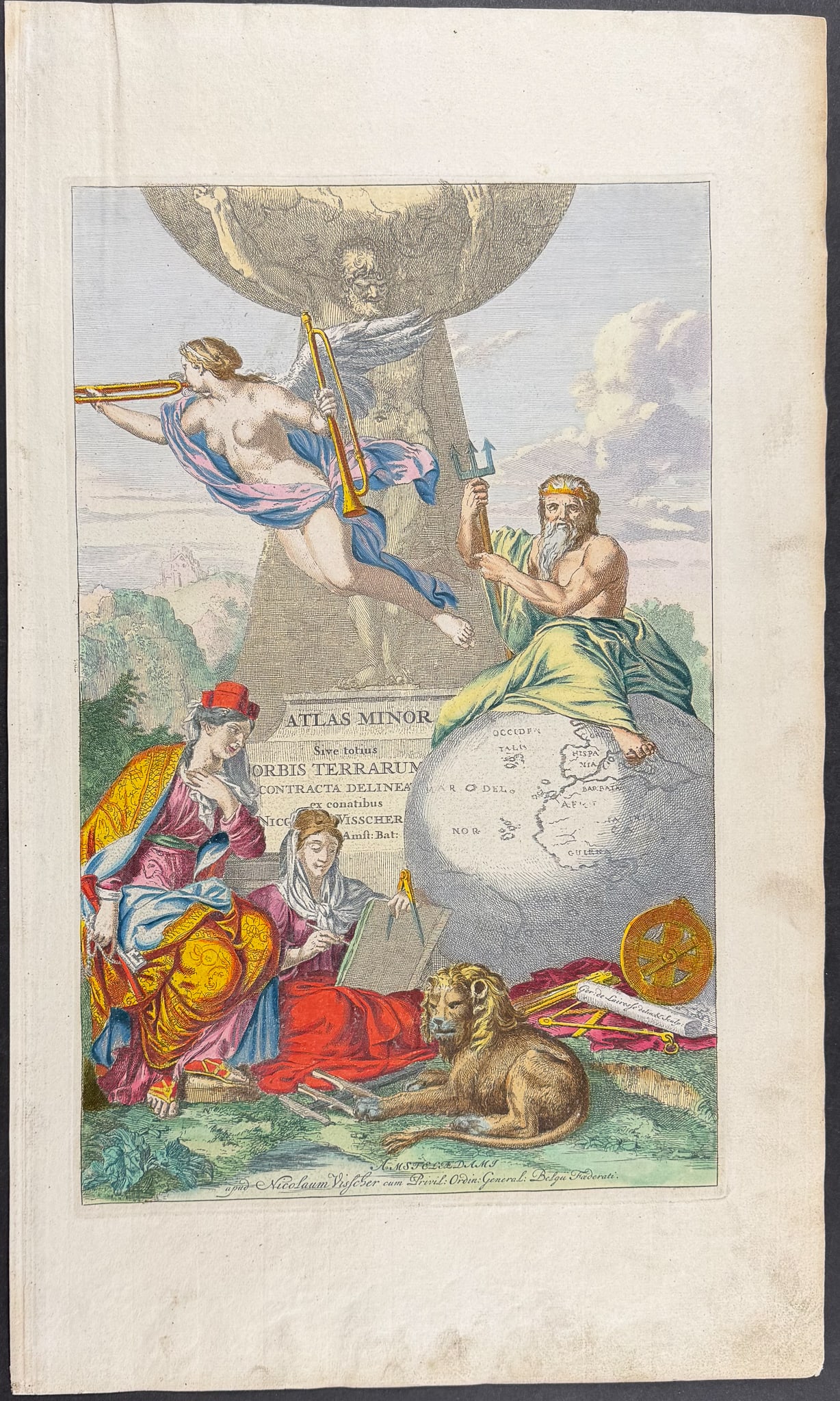 Visscher - Frontispiece with Globe, Angel, Atlas Holding the World, Lion: This exceptional map with beautiful original hand-coloring is from the Visscher family's "Atlas minor sive totius orbis terrarum contracta delineat ex conatibus." The map available is from a composite
