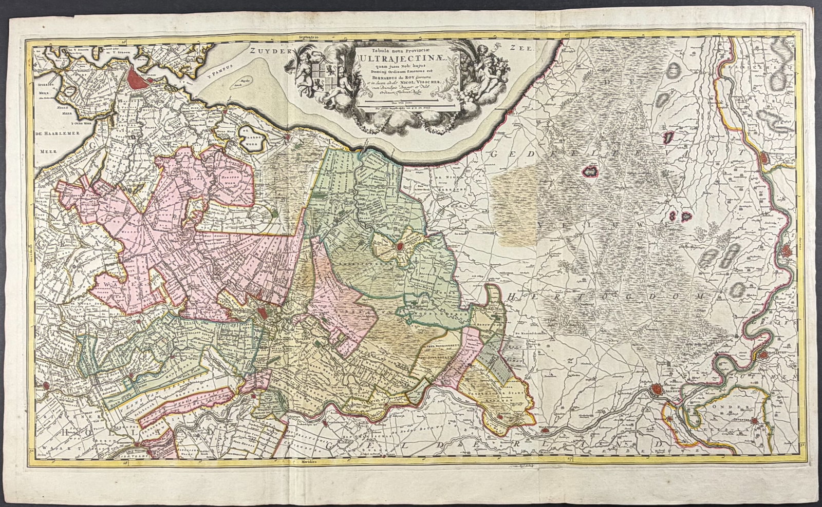 Visscher - Map of Utrecht, Netherlands: This exceptional map with beautiful original hand-coloring is from the Visscher family's "Atlas minor sive totius orbis terrarum contracta delineat ex conatibus." The map available is from a composite