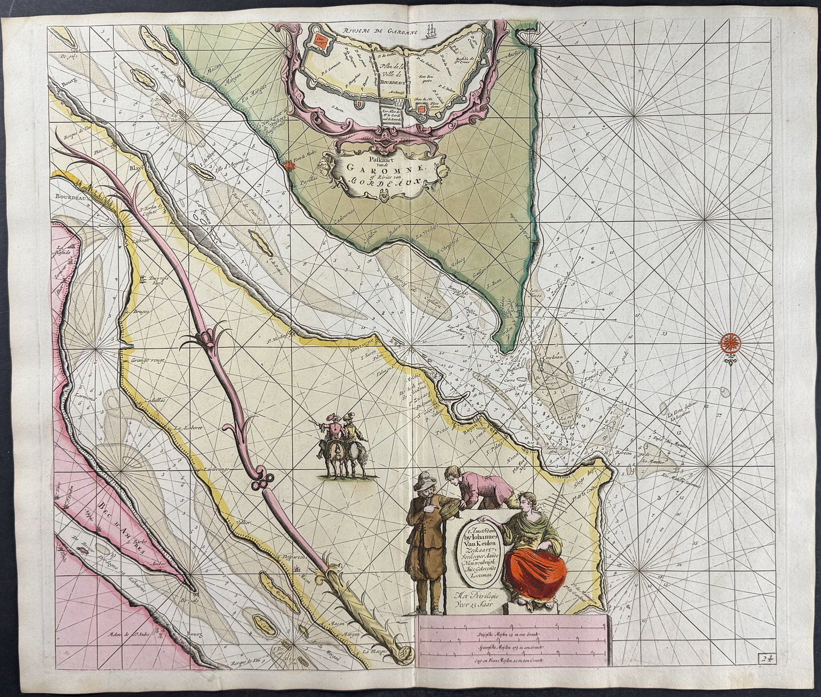 Van Keulen, Rare - Coastal Chart of Mouth of the Garonne: This extraordinary, originally hand-colored map is from the exceedingly rare atlas from Johannes and Gerard Van Keulen entitled "De Groote Nieuwe Vermeerderde Zee-Atlas ofte Water-Waerld. Vertoonende 