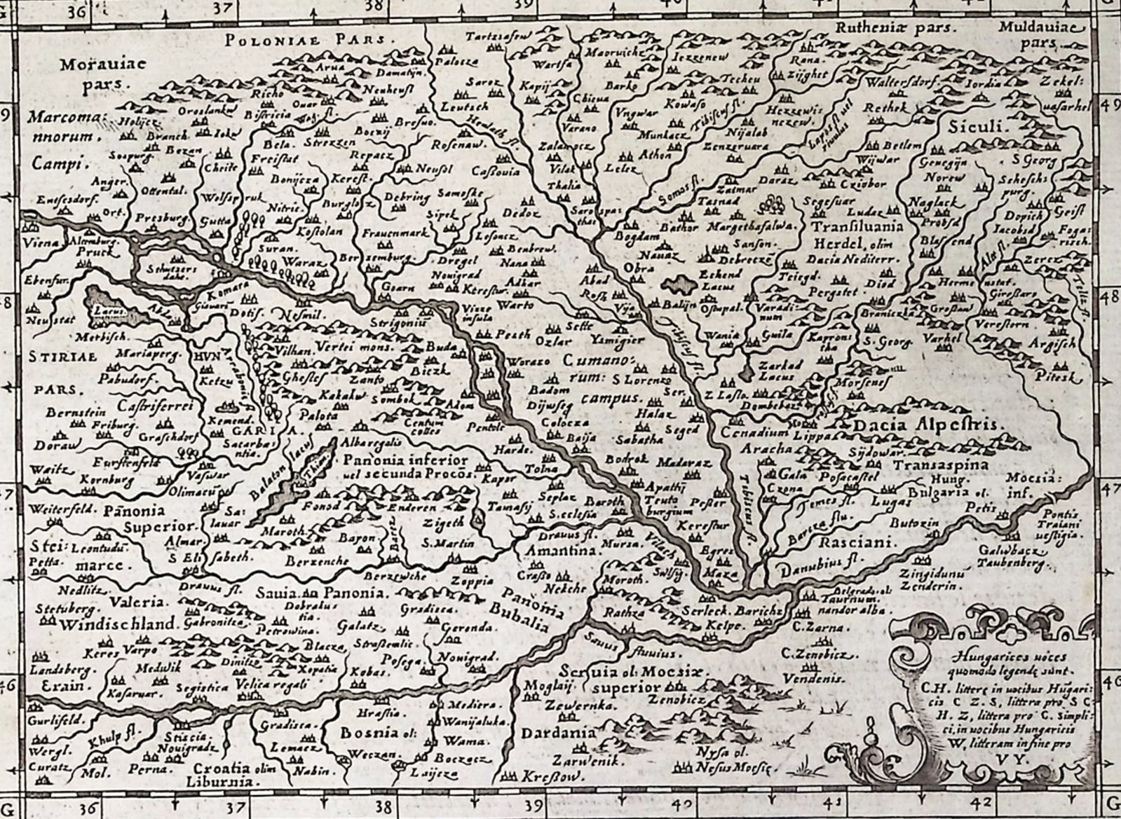 Cernoti & Magini's Ptolemy, pub. 1597 - Map of Hungary & Transylvania, Romania: This engraved map is from Claudius Ptolemaeus (Ptolemy), Giovanni Antonio Magini, and Leonardo Cernoti's "Geografia. Nuovamente con singolare studio ricontrati, & coretti da G. A. Magini. Tradotta da 