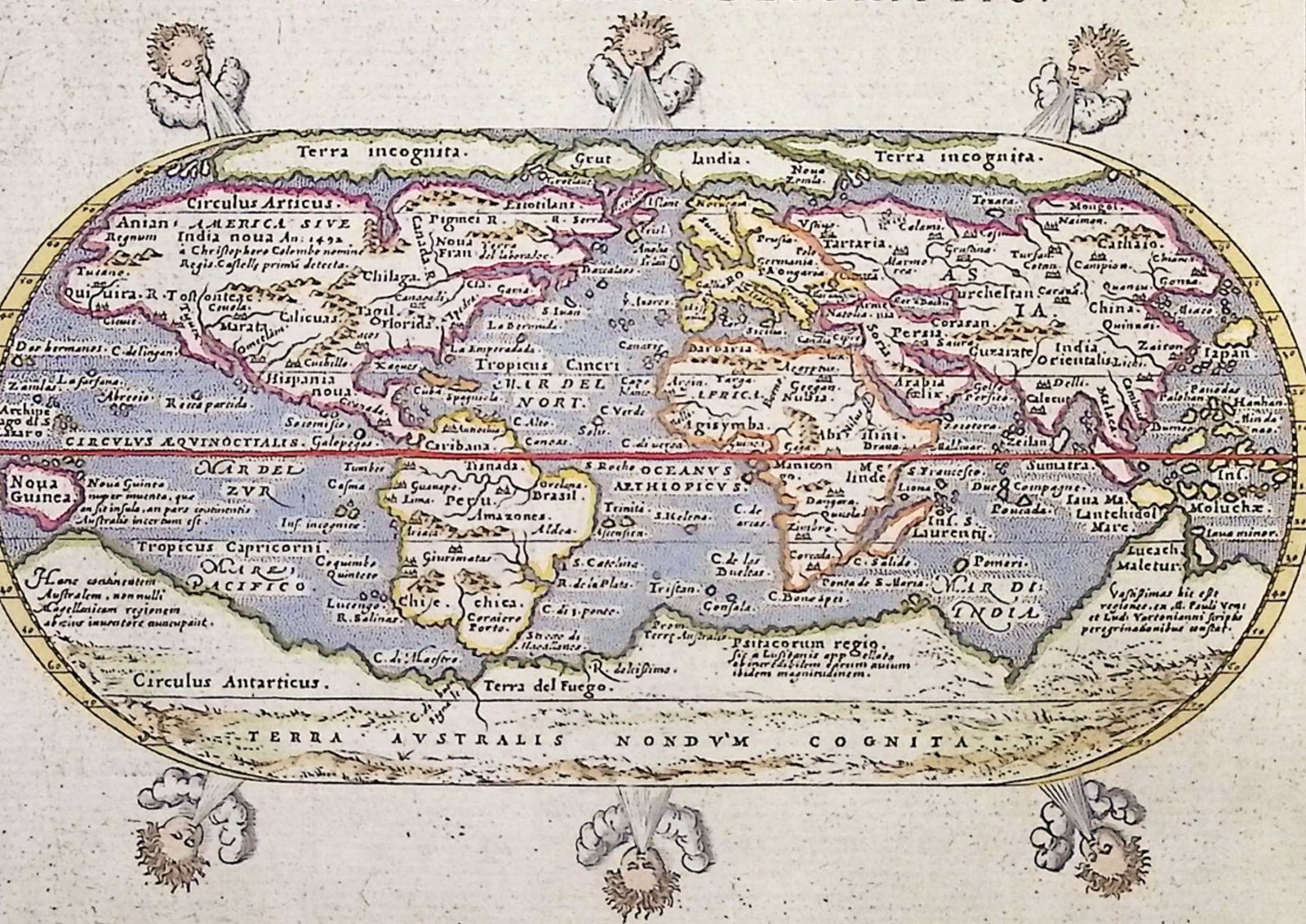 Cernoti & Magini's Ptolemy, pub. 1597 - Map of the World with the Americas 6 Wind Heads (1 of 2)