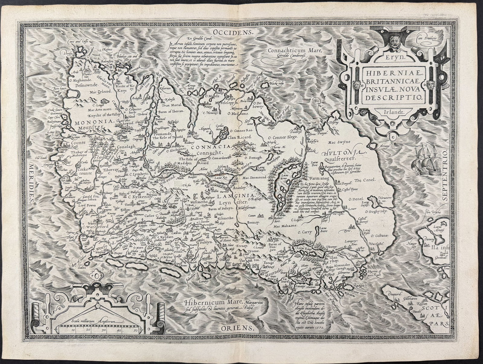 Ortelius, pub. 1575 - Map of Ireland: This stunning folio map is from Abraham Ortelius's "Theatrum orbis terrarum". The work was published in Antwerp by Gillis Van den Rade in 1575 (with the first edition being published 1570). The engrav