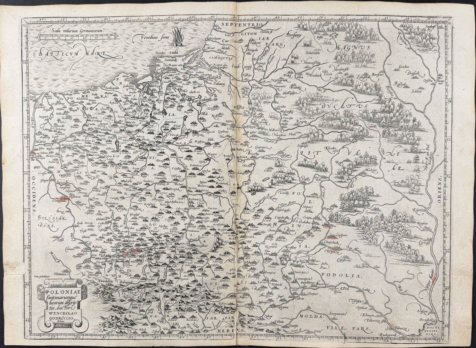 Ortelius, pub. 1575 - Map of Poland: This stunning folio map is from Abraham Ortelius's "Theatrum orbis terrarum". The work was published in Antwerp by Gillis Van den Rade in 1575 (with the first edition being published 1570). The engrav