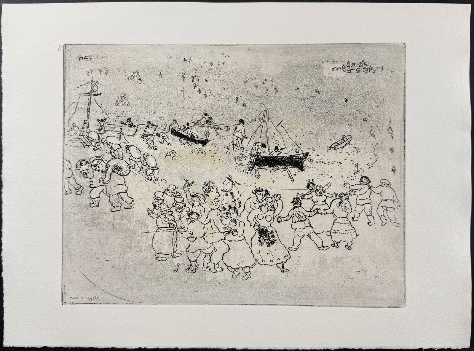 Chagall - The Wheat Port - Le Port au Ble: This beautifully illustrated, original etching by Marc Chagall was part of Nikolai Gogol's "Les Ames Mortes". The work was published in Paris by Teriade in 1948. This was a limited edition of 368 copi