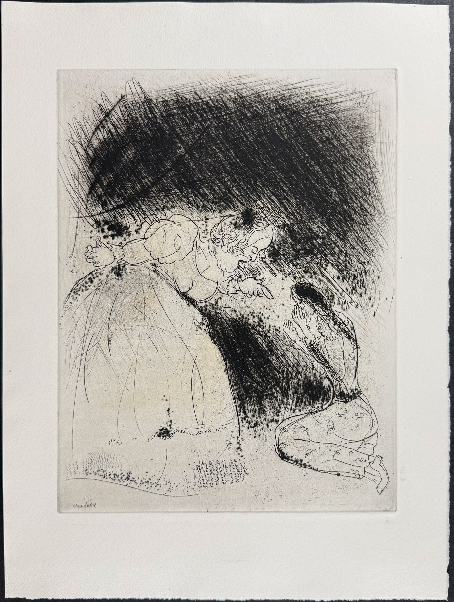 Chagall - The Governor's Wife Scolds Her Daughter - La Femme du Gouverneur Gronde sa Fille: This beautifully illustrated, original etching by Marc Chagall was part of Nikolai Gogol's "Les Ames Mortes". The work was published in Paris by Teriade in 1948. This was a limited edition of 368 copi
