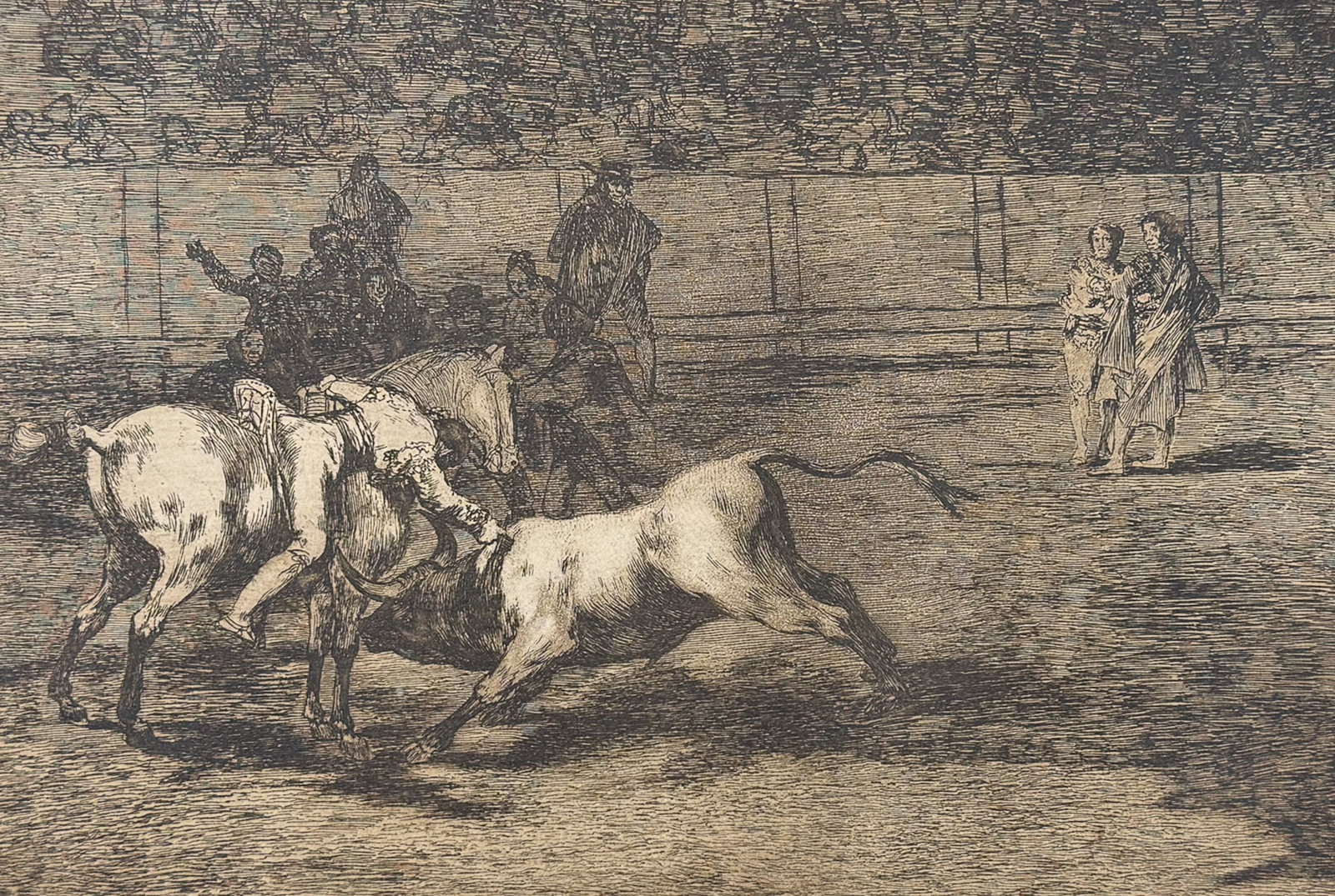 Goya - Mariano Ceballos, alias el Indio, Mata el Toro Desde su Caballo: This remarkable folio bull-fighting engraving is from Francisco Goya's "La Tauromaquia". The work was published in 1921 by Circulo de Bellas Artes and limited to 200 copies. This is the fifth edition