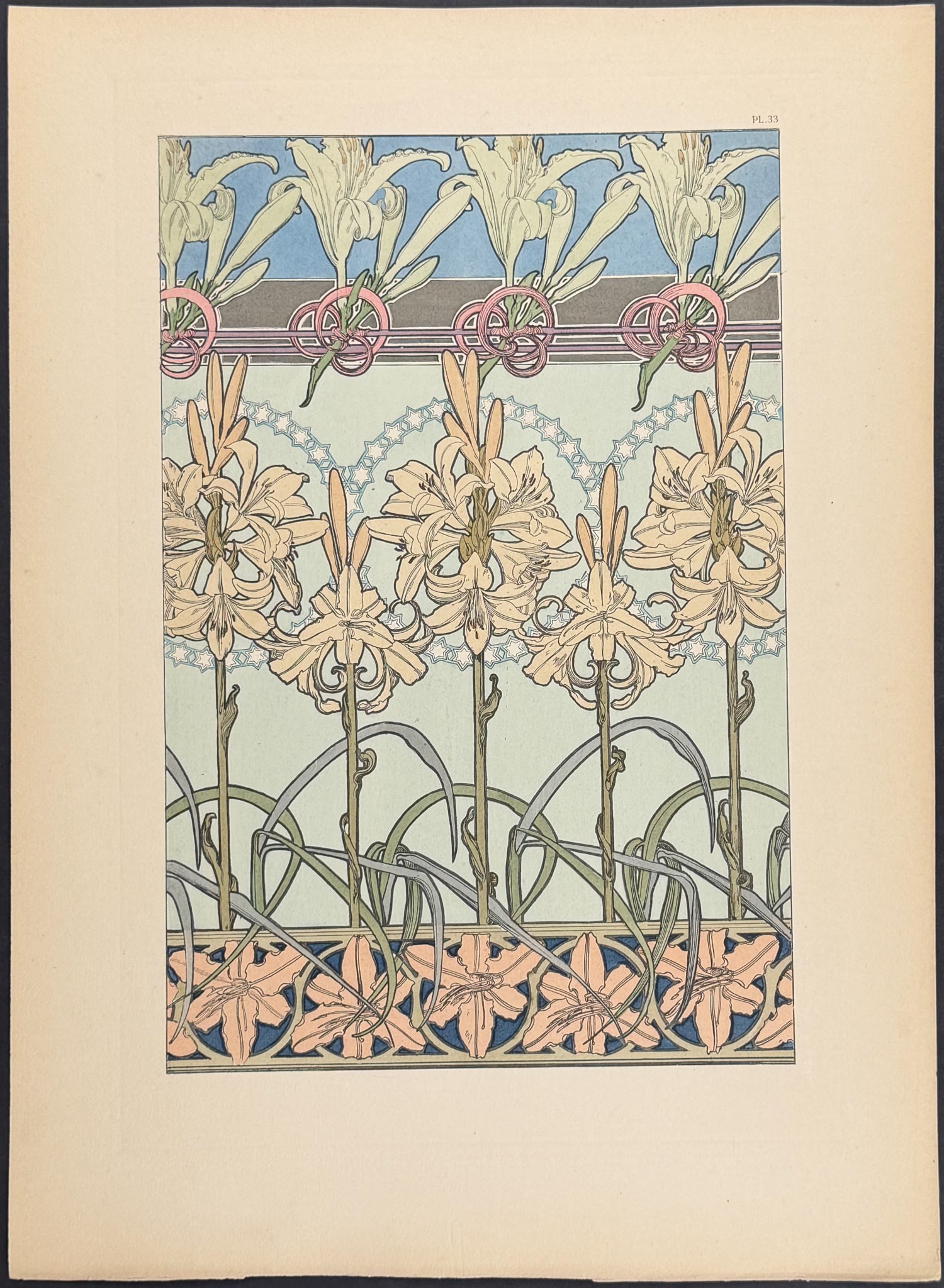 Mucha, Folio - Floral Design or Motif. 33: This stunning and rare lithograph is from Alphonse Mucha's "Documents d?coratifs" which was edited by Gabriel Mourey. The work was published in Paris by Librairie centrale des Beaux-Arts in 1902. The 