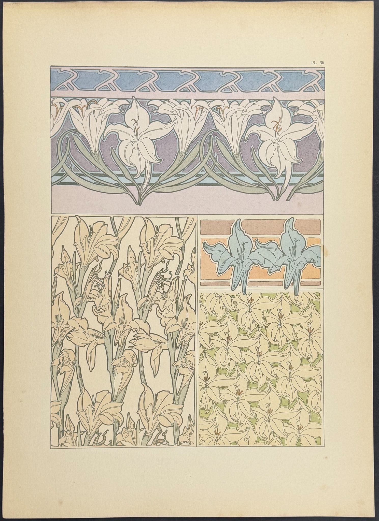 Mucha, Folio - Floral Design or Motif. 36: This stunning and rare lithograph is from Alphonse Mucha's "Documents d?coratifs" which was edited by Gabriel Mourey. The work was published in Paris by Librairie centrale des Beaux-Arts in 1902. The 