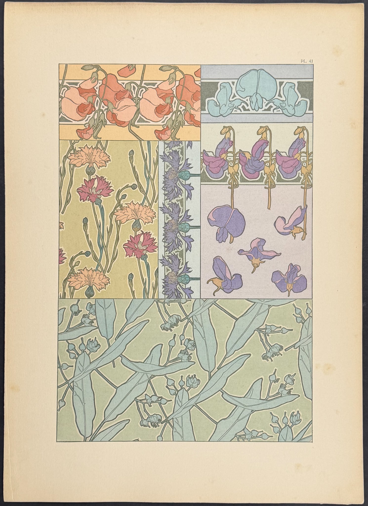 Mucha, Folio - Floral Design or Motif. 41: This stunning and rare lithograph is from Alphonse Mucha's "Documents d?coratifs" which was edited by Gabriel Mourey. The work was published in Paris by Librairie centrale des Beaux-Arts in 1902. The 