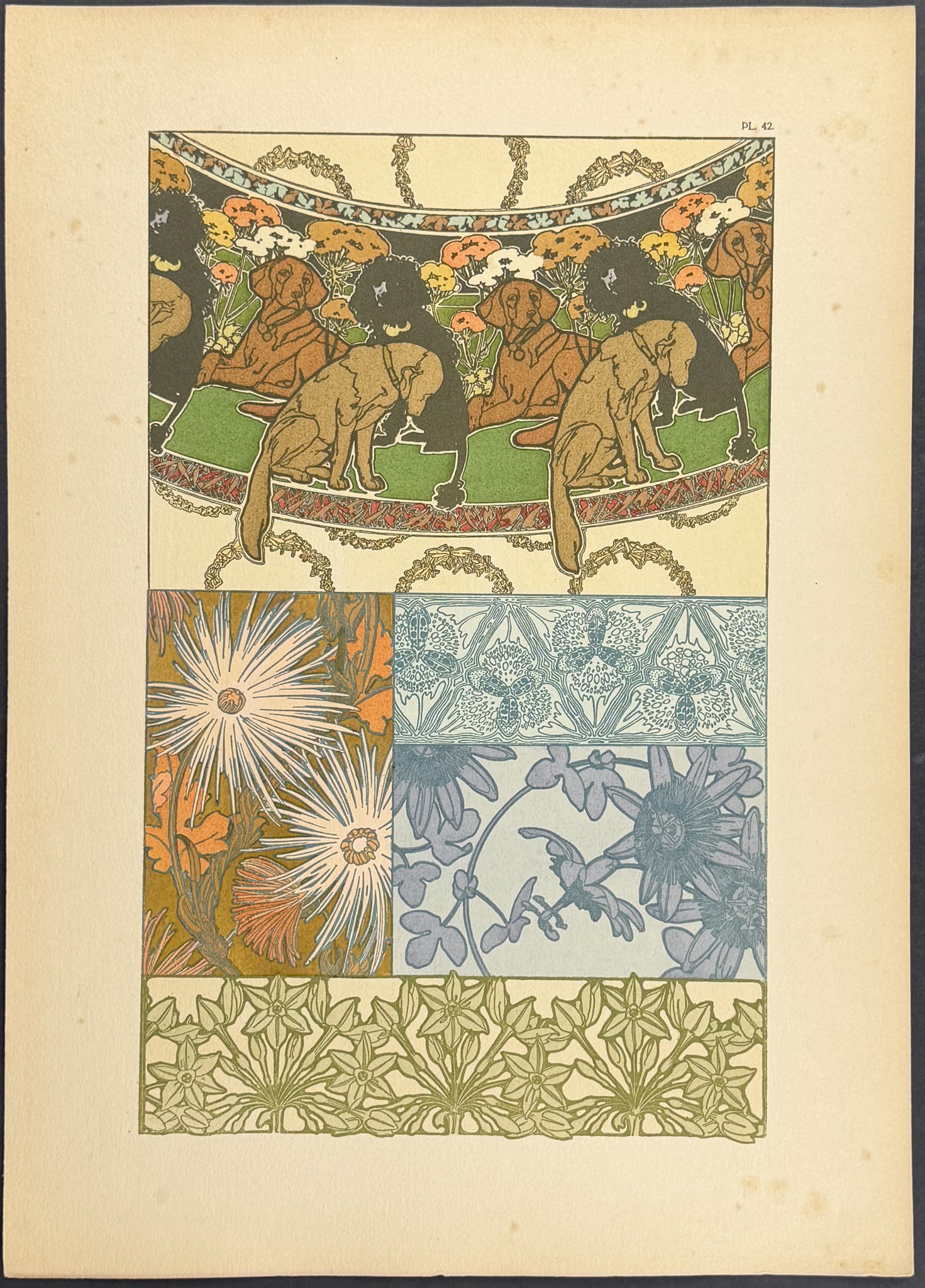 Mucha, Folio - Floral & Dog Design or Motif. 42: This stunning and rare lithograph is from Alphonse Mucha's "Documents d?coratifs" which was edited by Gabriel Mourey. The work was published in Paris by Librairie centrale des Beaux-Arts in 1902. The 