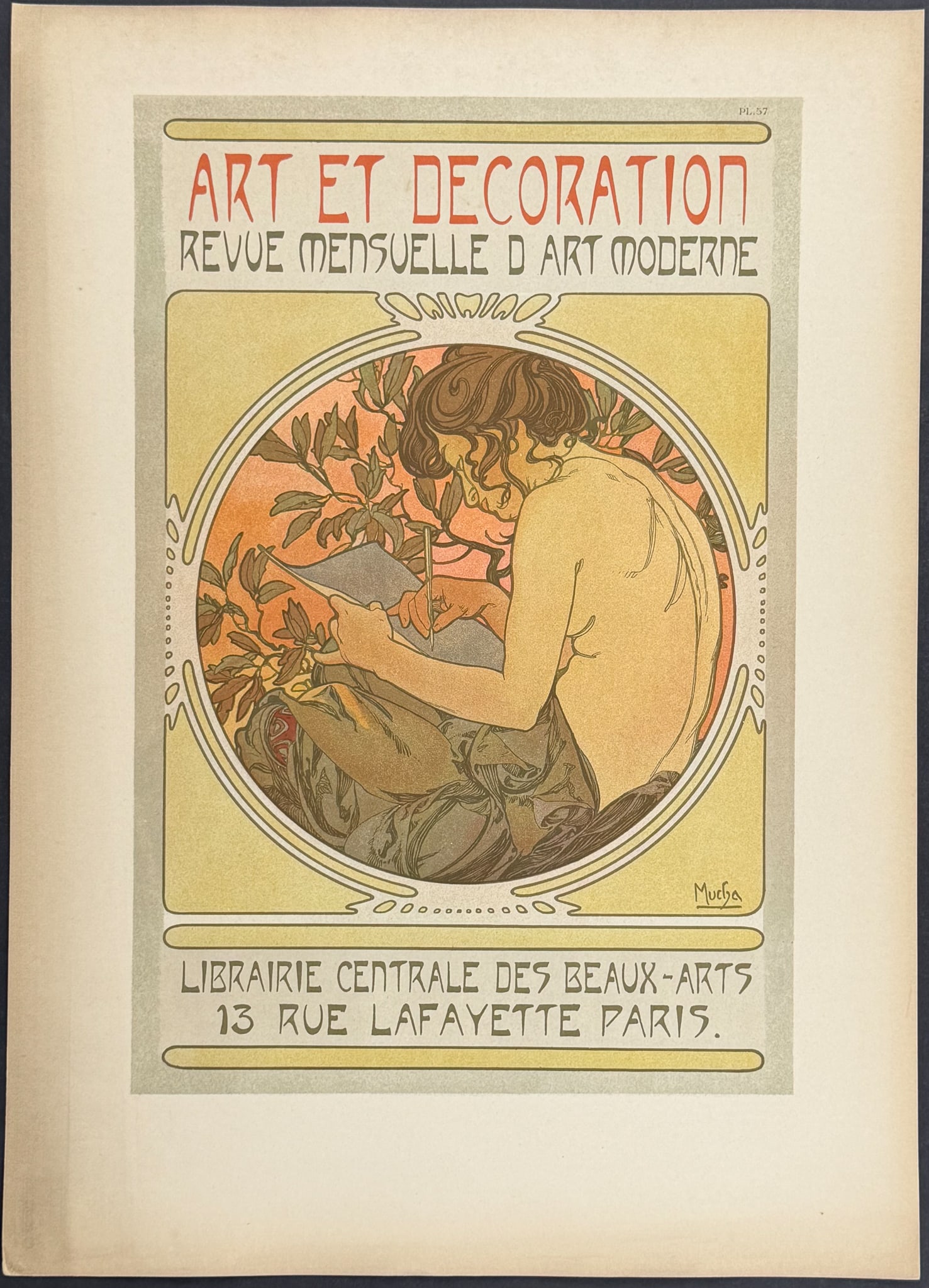 Mucha, Folio - Illustration of Topless Woman Writing or Drawing. 57: This stunning and rare lithograph is from Alphonse Mucha's "Documents d?coratifs" which was edited by Gabriel Mourey. The work was published in Paris by Librairie centrale des Beaux-Arts in 1902. The 