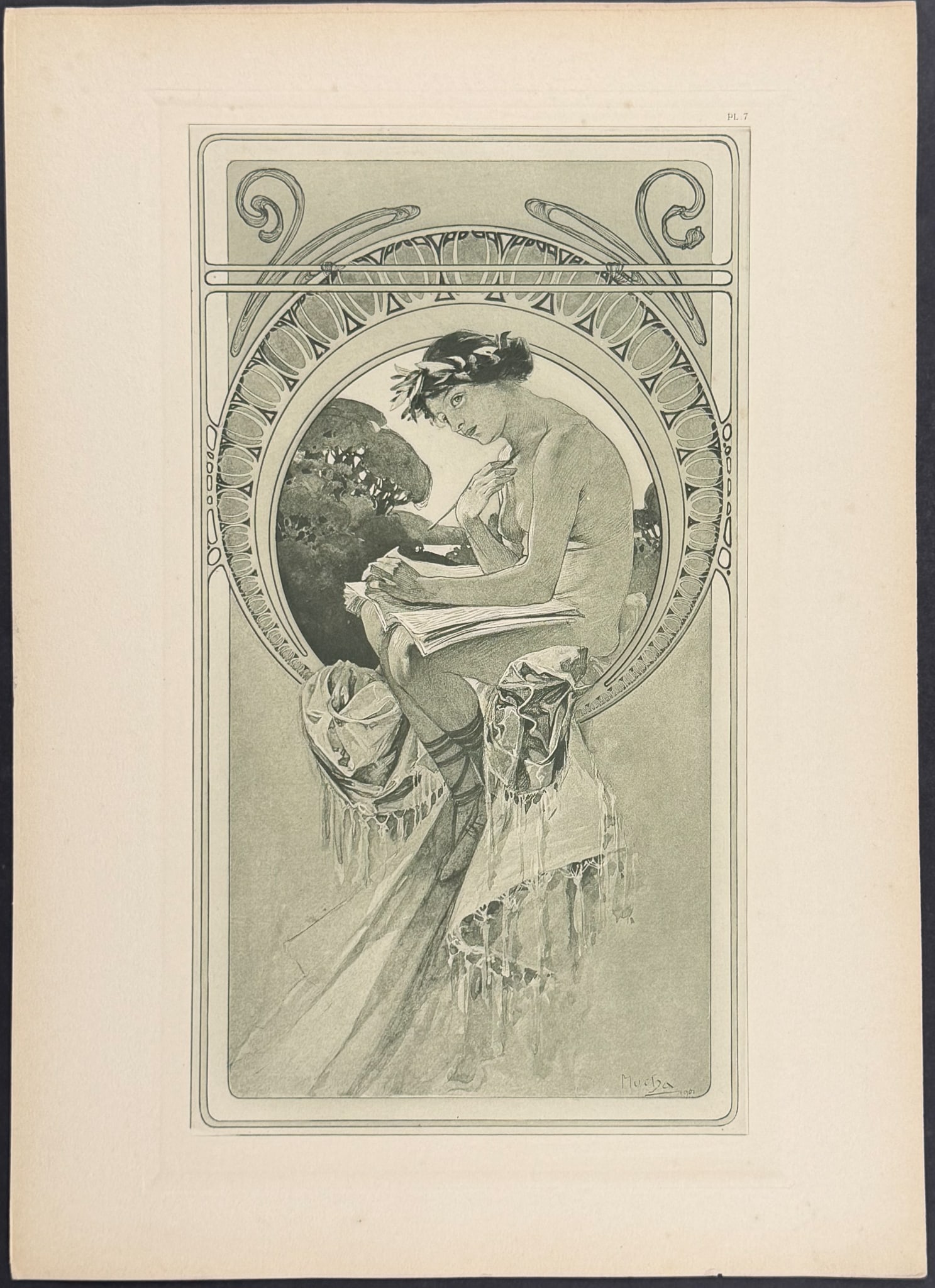 Mucha, Folio - Illustration of Topless Woman Writing or Drawing. 7: This stunning and rare lithograph is from Alphonse Mucha's "Documents d?coratifs" which was edited by Gabriel Mourey. The work was published in Paris by Librairie centrale des Beaux-Arts in 1902. The