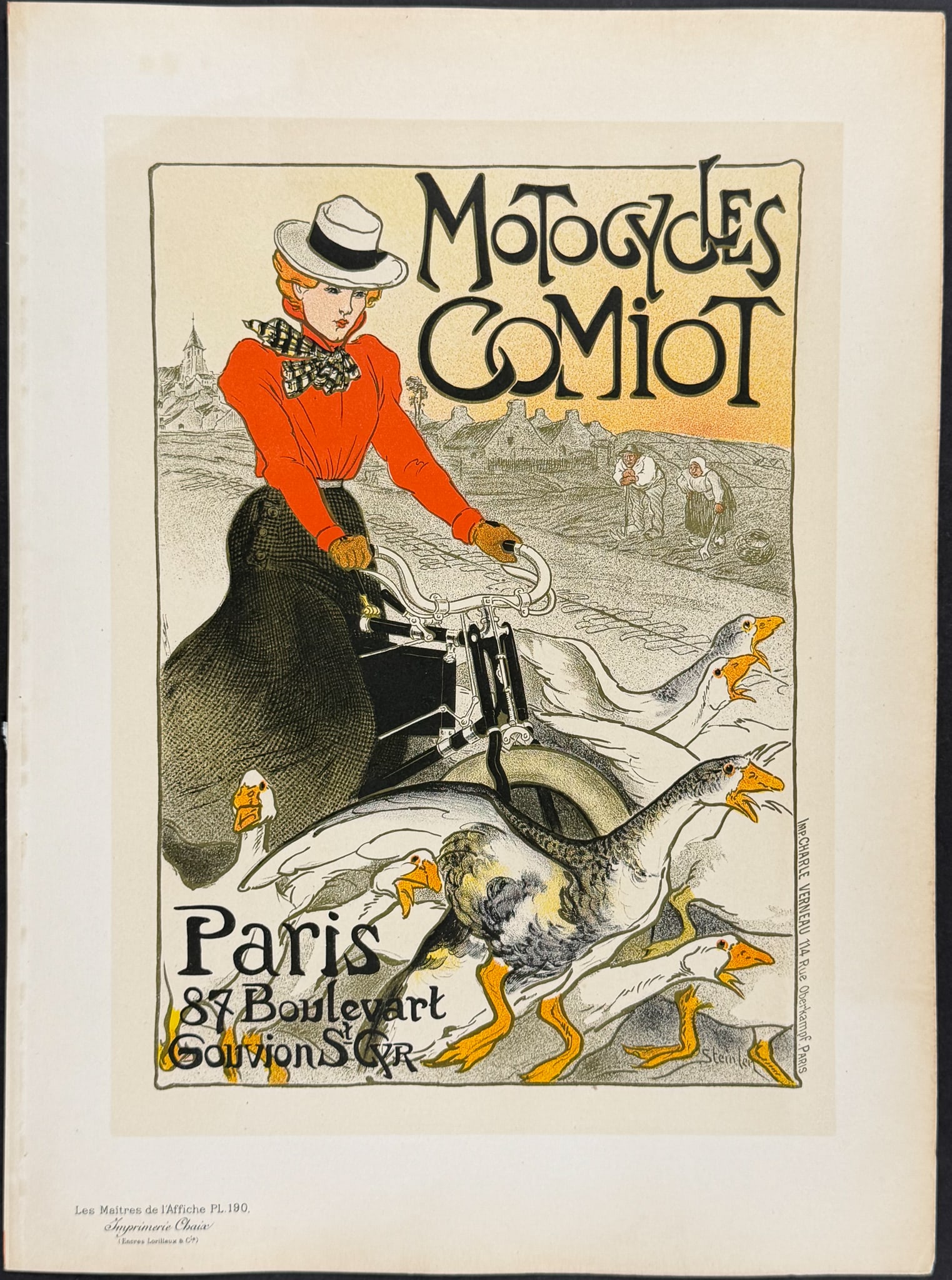 Maitres Affiches by Steinlen - Motocylcles Comiot: This first edition, folio lithograph after a poster is from "Les Maitres de l'Affiche". The work was published by Imprimerie Chaix under the direction of Jules Cheret in Paris between 1896 and 1900.