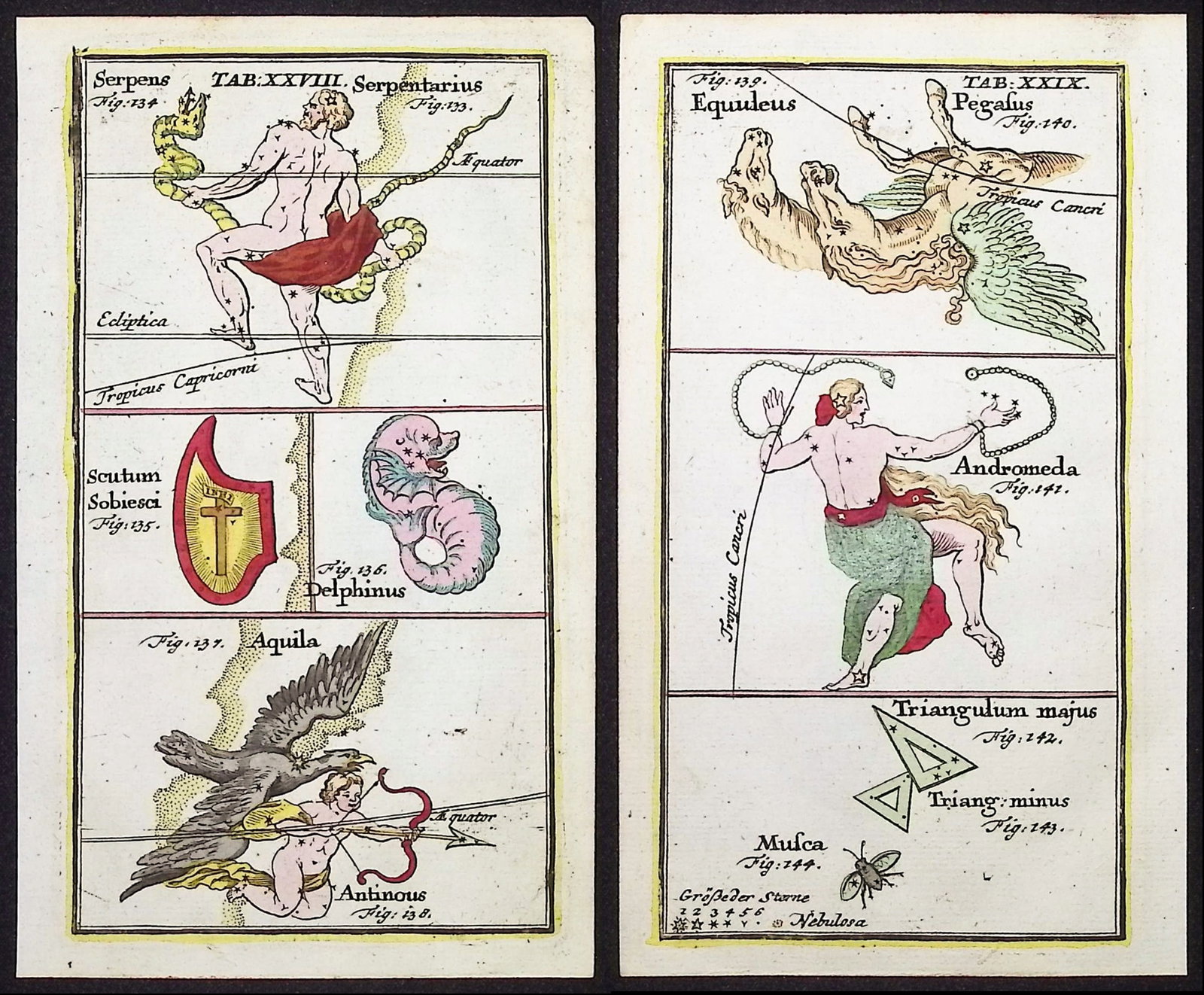 Rost - Pair of Celestial or Astronomy Engravings: This charming originally hand-colored celestial engraving is from Johann Leonhard Rost's "Atlas portatilis coelestis. Oder Compendiose Vorstellung des gantzen Welt-Gebaudes in den Anfangs-Gr?nden der 