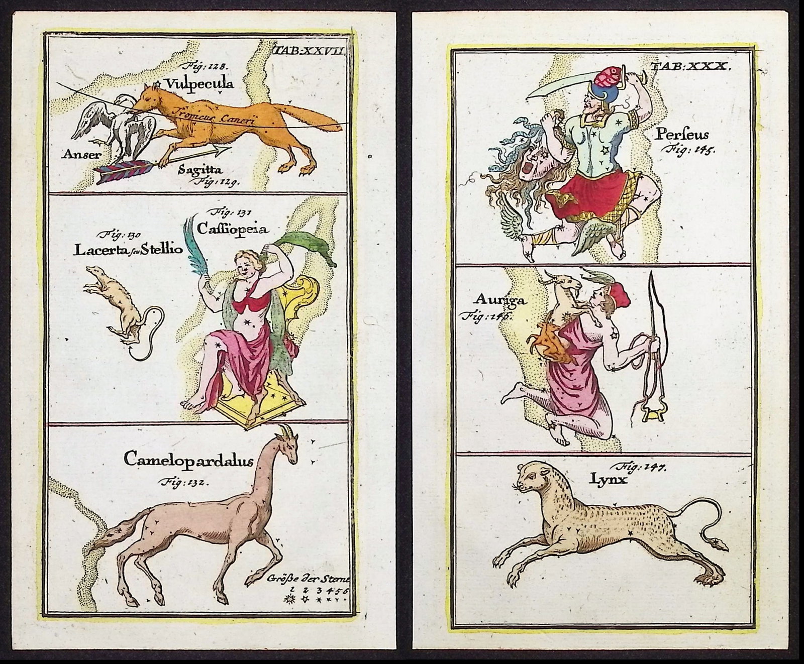 Rost - Pair of Celestial or Astronomy Engravings: This charming originally hand-colored celestial engraving is from Johann Leonhard Rost's "Atlas portatilis coelestis. Oder Compendiose Vorstellung des gantzen Welt-Gebaudes in den Anfangs-Gr?nden der 
