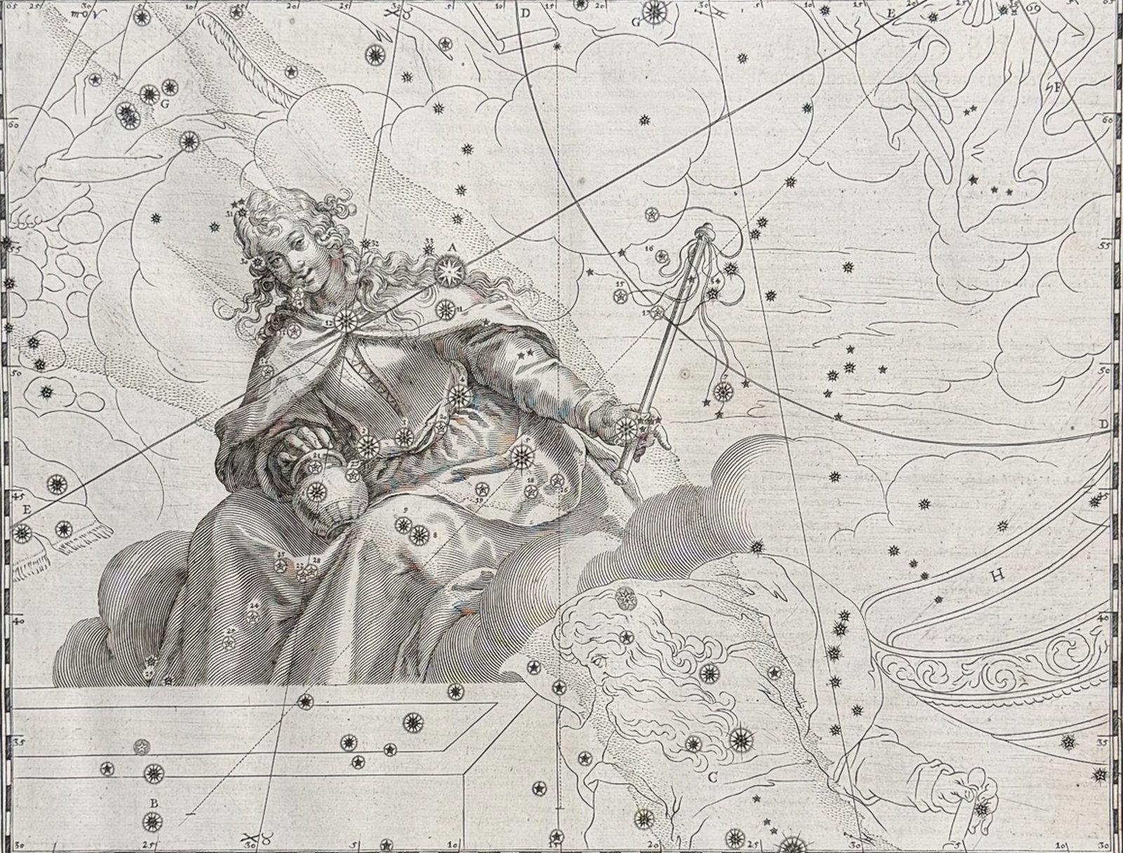Schiller - Christianized Constellation of Saint Mary Magdalene or Cassiopeia: This fascinating engraving is from Schiller?s " Coelum Stellatum Christianum ". It was published in Augsburg by Schiller in 1627. The plates were engraved by Lucas Kilian. Presented on the print is an