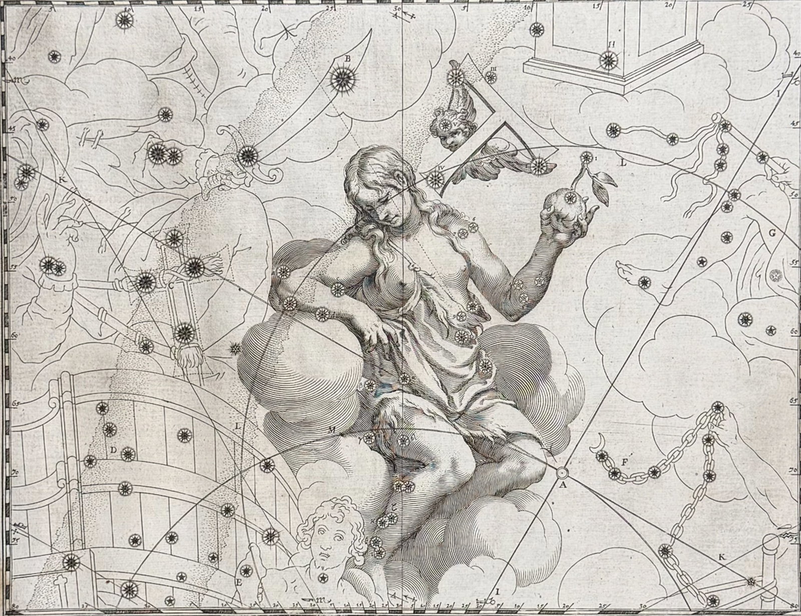 Schiller - Christianized Constellation of Eve, mother of all living [people] or Musca: This fascinating engraving is from Schiller?s " Coelum Stellatum Christianum ". It was published in Augsburg by Schiller in 1627. The plates were engraved by Lucas Kilian. Presented on the print is an