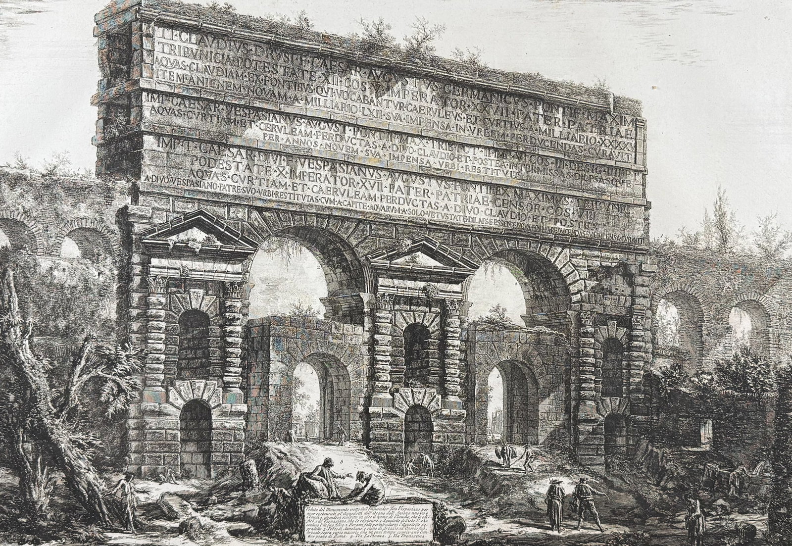 Piranesi, Folio - View of the monument erected to Emperor Titus Vespasian [Veduta del Monumento: This extraordinary large folio etching is from Giovanni Battista Piranesi's "Vedute di Roma". This from a mixed edition of the work published in Rome & Paris likely published c1778 to early 1800s. The