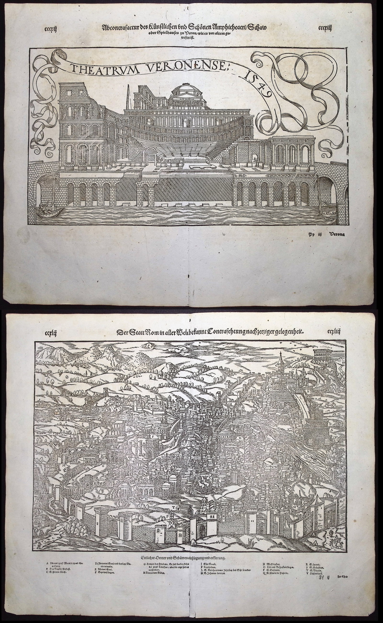 Munster, pub. 1598 - Pair: View of Rome, Italy & Roman Theater of Verona, Italy (Theatrum: This very old woodcut is from Sebastian Munster's "Cosmographey: das ist Beschreibung aller L?nder [...]" It was published in Basel in 1598 by Henric Petri. The work was a massive chronicle of all the