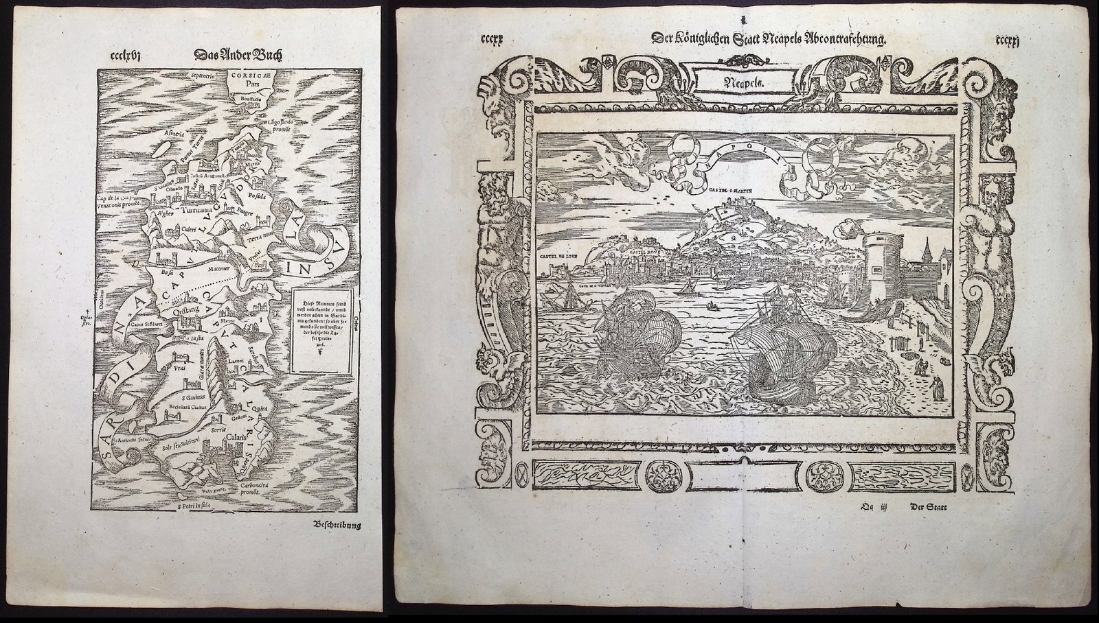Munster, pub. 1598 - Pair: View of Naples, Italy & Map of Sardinia (1 of 3)