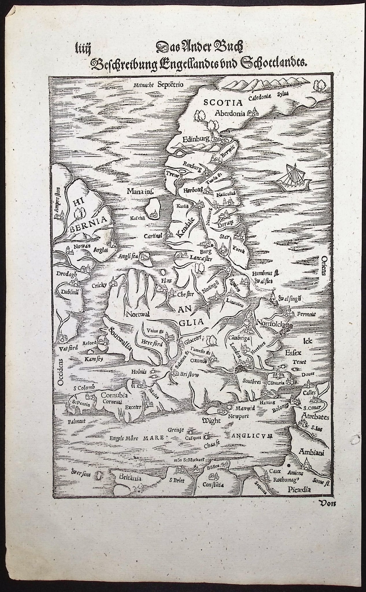 Munster, pub. 1598 - Map of England & Scotland with part of Ireland: This very old woodcut is from Sebastian Munster's "Cosmographey: das ist Beschreibung aller L?nder [...]" It was published in Basel in 1598 by Henric Petri. The work was a massive chronicle of all the