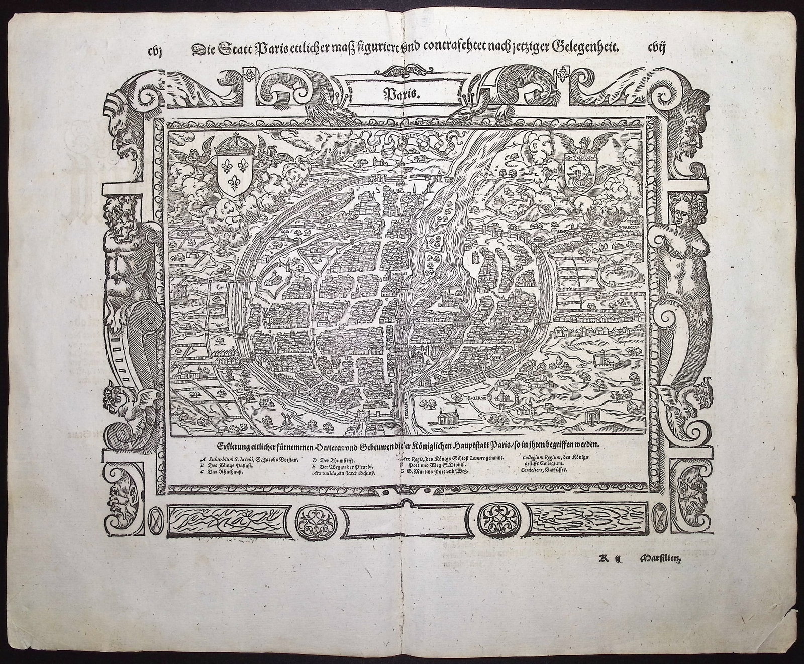 Munster, pub. 1598 - View of Paris, France: This very old woodcut is from Sebastian Munster's "Cosmographey: das ist Beschreibung aller L?nder [...]" It was published in Basel in 1598 by Henric Petri. The work was a massive chronicle of all the