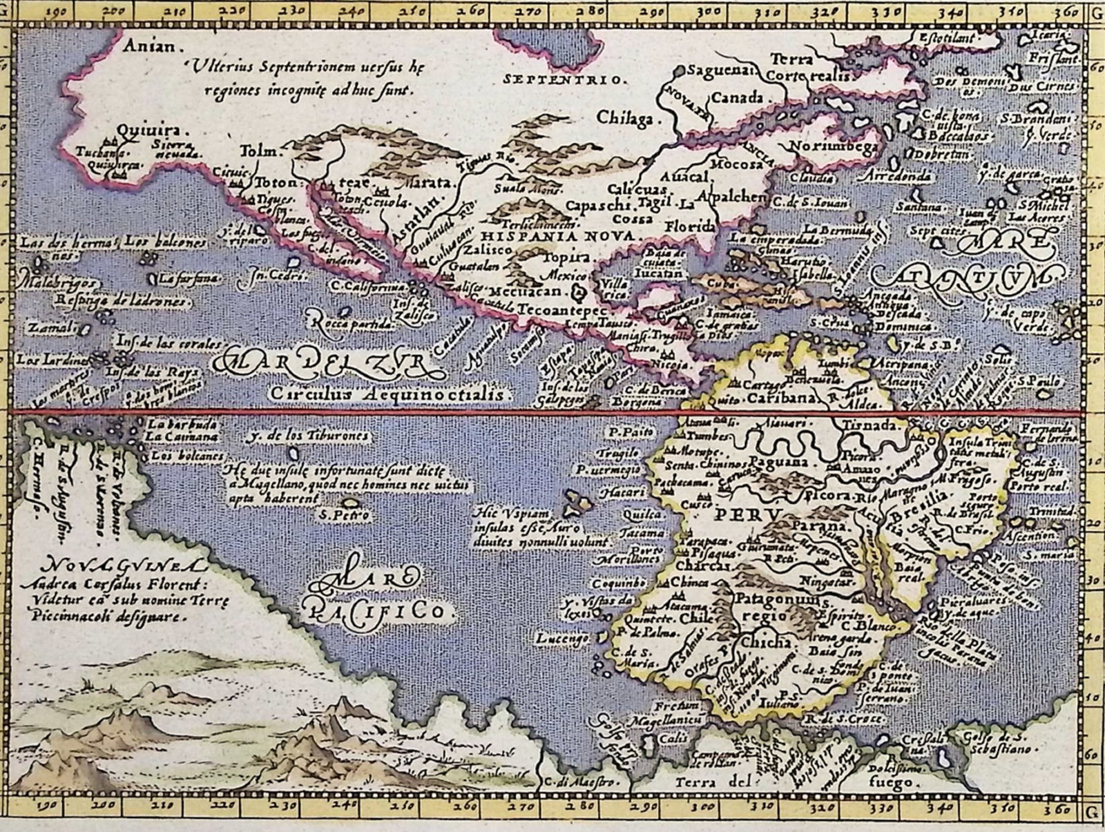 Cernoti & Magini's Ptolemy, pub. 1597 - Map of the Americas: This engraved map is from Claudius Ptolemaeus (Ptolemy), Giovanni Antonio Magini, and Leonardo Cernoti's "Geografia. Nuovamente con singolare studio ricontrati, & coretti da G. A. Magini. Tradotta da 