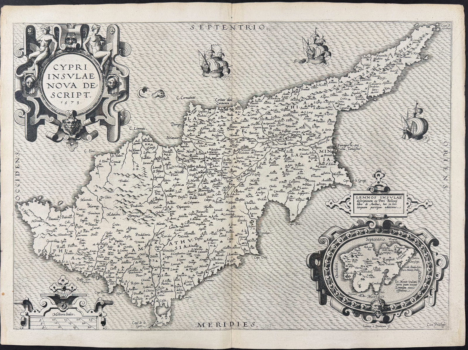 Ortelius, pub. 1575 - Map of Cyprus: This stunning folio map is from Abraham Ortelius's Theatrum orbis terrarum. The work was published in Antwerp by Gillis Van den Rade in 1575 (with the first edition being published 1570). The engraved