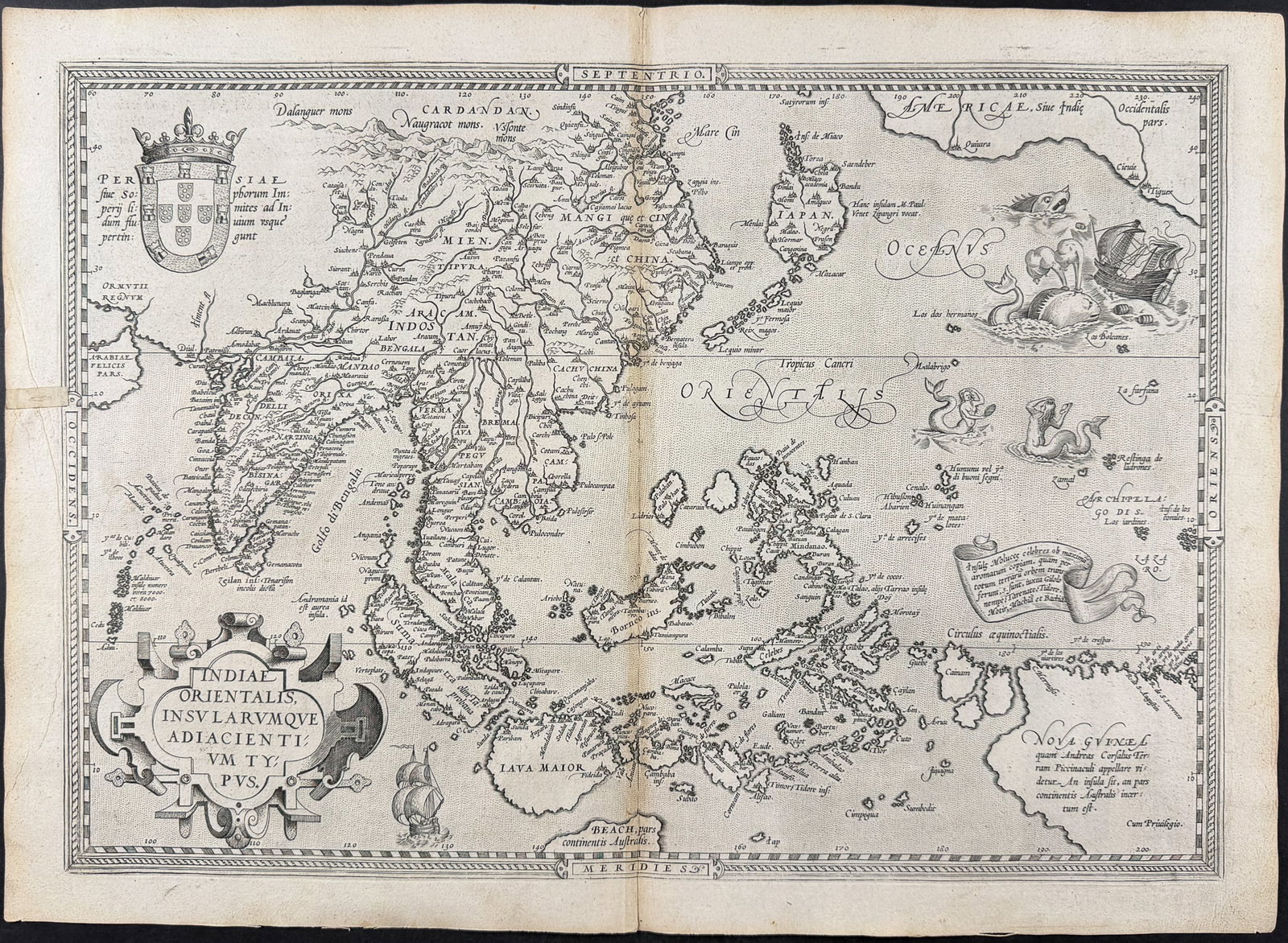 Ortelius, pub. 1575 - Map of India, Asia, East Indies, Japan, New Guinea: This stunning folio map is from Abraham Ortelius's Theatrum orbis terrarum. The work was published in Antwerp by Gillis Van den Rade in 1575 (with the first edition being published 1570). The engraved