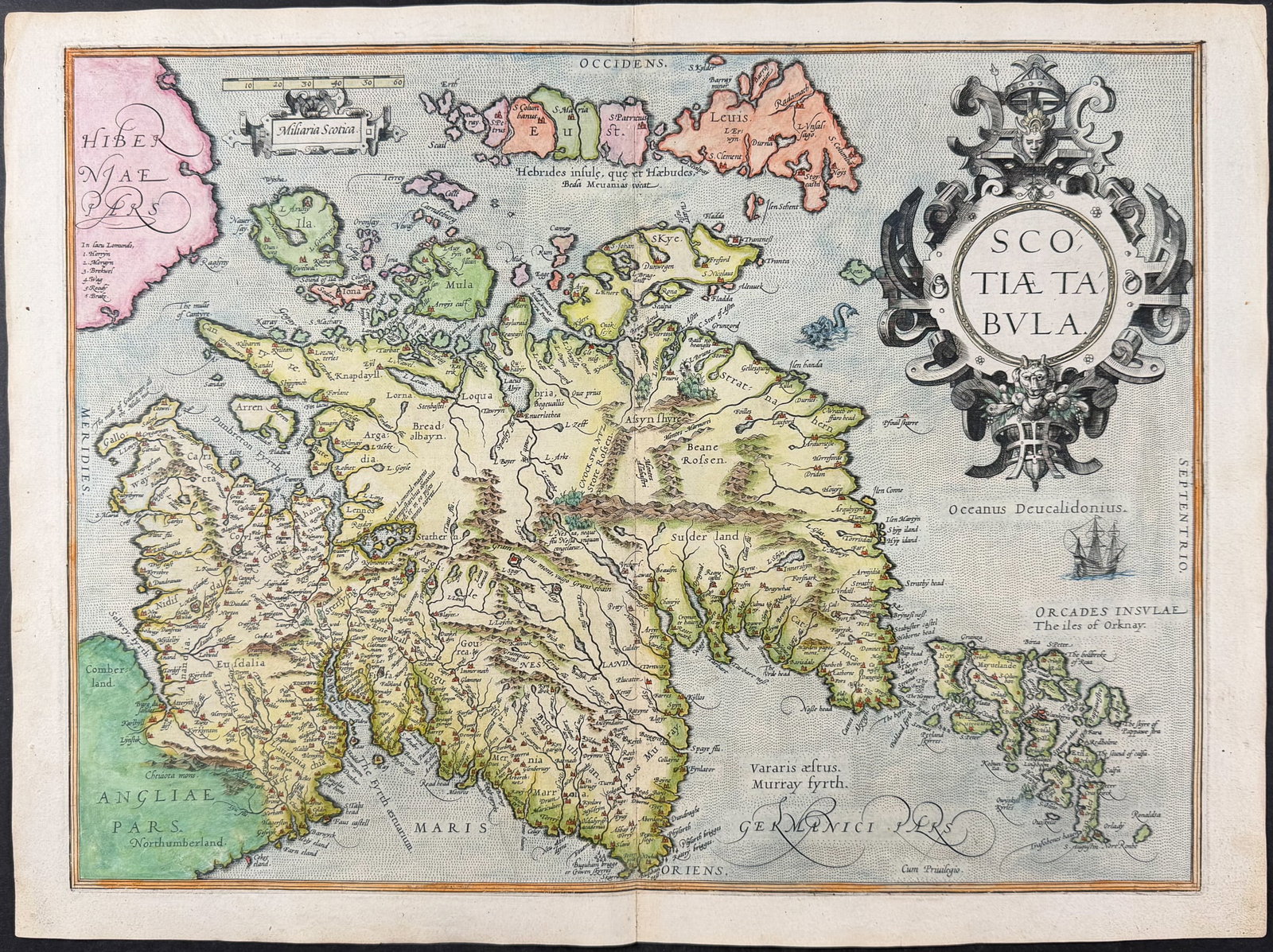 Ortelius, pub. 1575 - Map of Scotland: This stunning folio map is from Abraham Ortelius's Theatrum orbis terrarum. The work was published in Antwerp by Gillis Van den Rade in 1575 (with the first edition being published 1570). The engraved