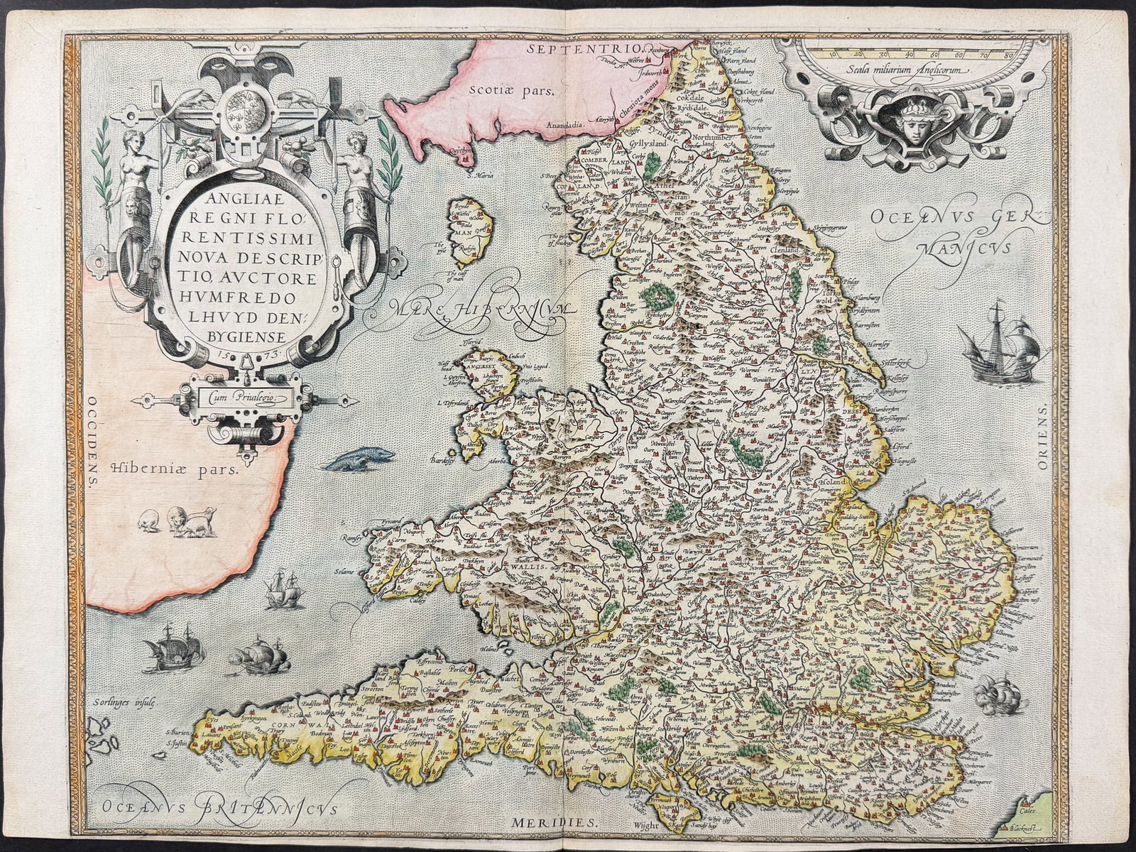 Ortelius, pub. 1575 - Map of England: This stunning folio map is from Abraham Ortelius's Theatrum orbis terrarum. The work was published in Antwerp by Gillis Van den Rade in 1575 (with the first edition being published 1570). The engraved
