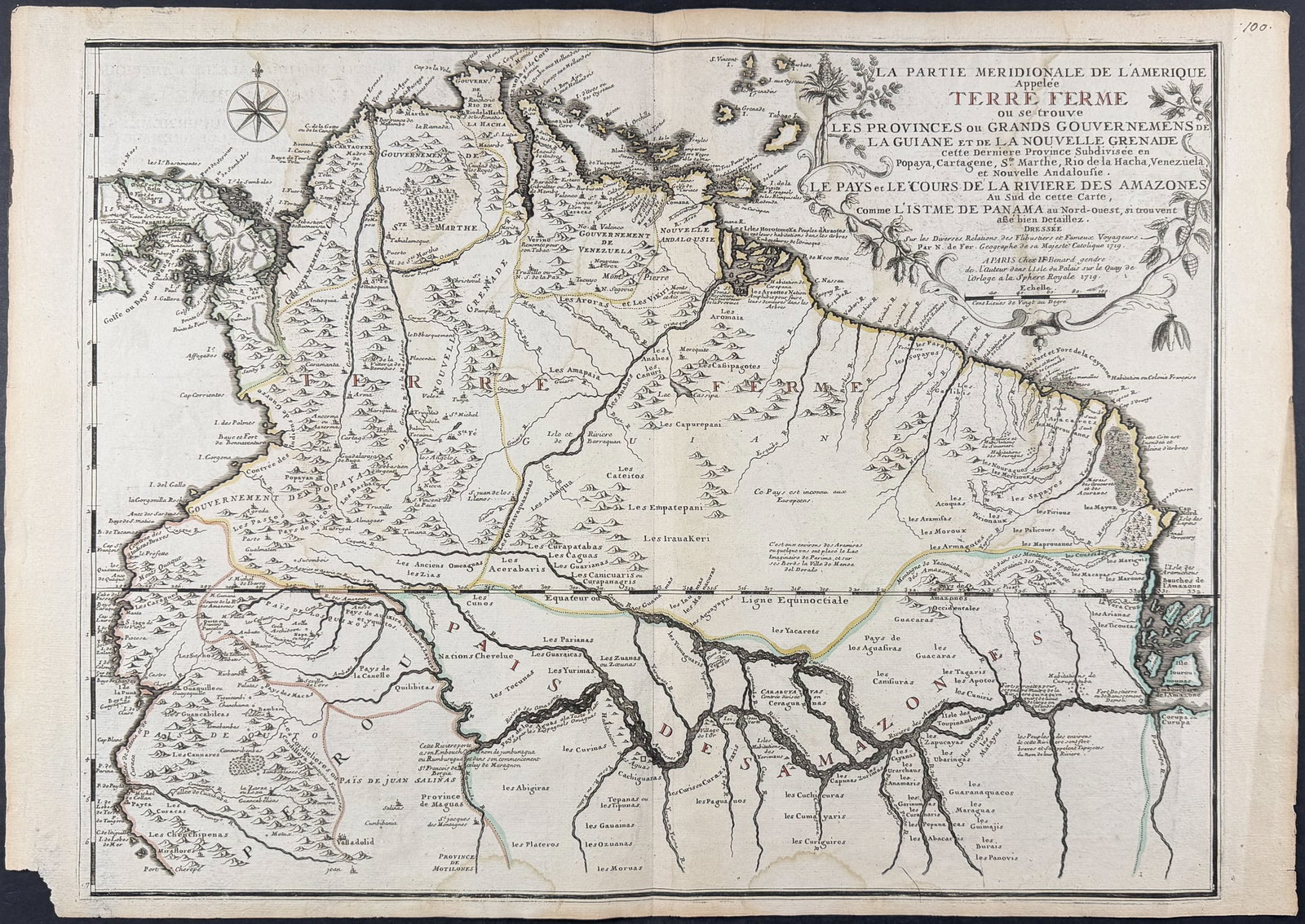 De Fer - Map of Northern South America ( Amazon River, Guiana, New Granada): This historic map is from Nicolas de Fer's Atlas or collection of geographical maps, drawn up on the new observations of Mrs. of the Royal Academy of Sciences. The atlas was published in Paris in 1709