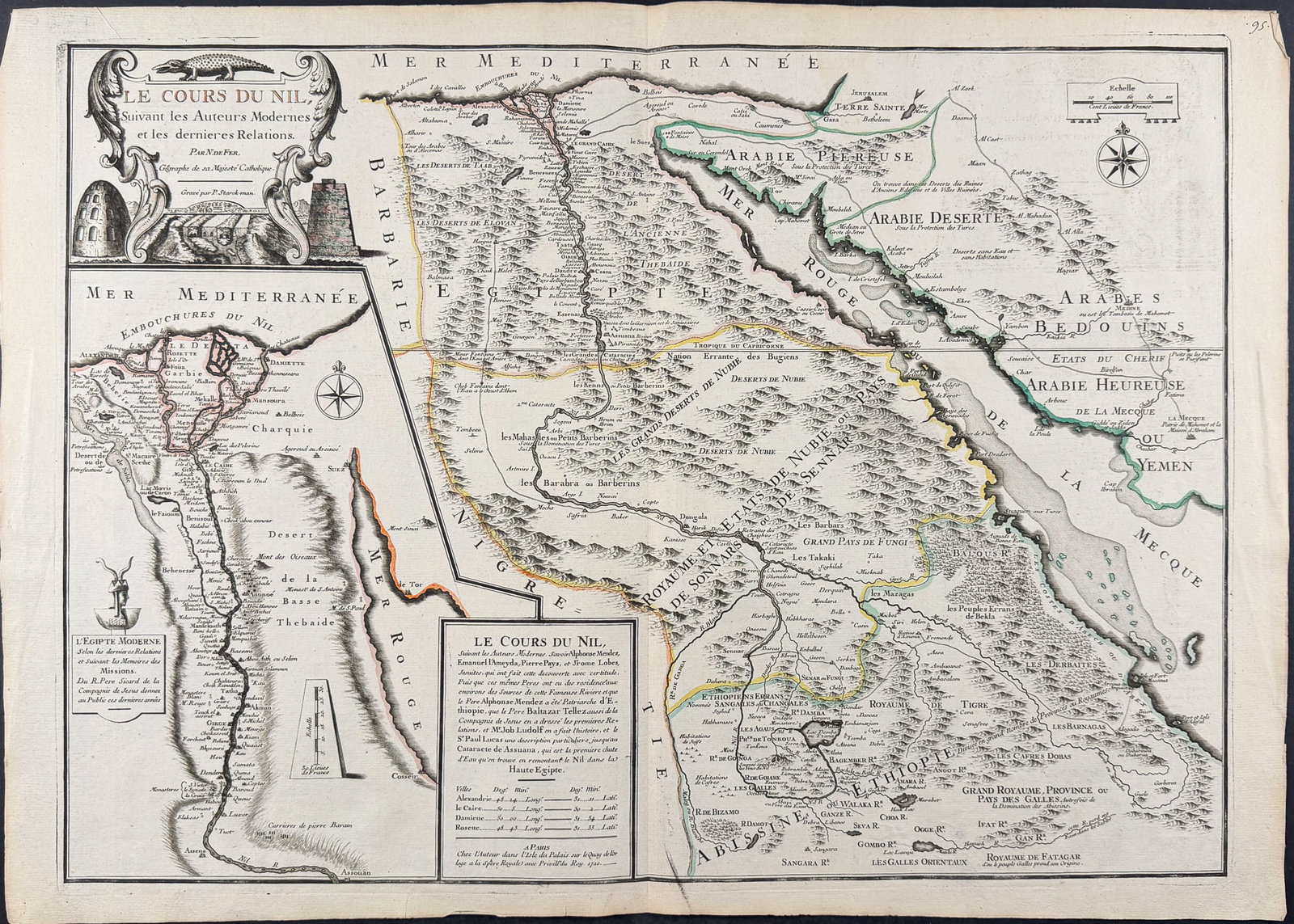De Fer - Map of the course of the Nile River from the Mediterranean to its source in Abyssinia: This historic map is from Nicolas de Fer's Atlas or collection of geographical maps, drawn up on the new observations of Mrs. of the Royal Academy of Sciences. The atlas was published in Paris in 1709