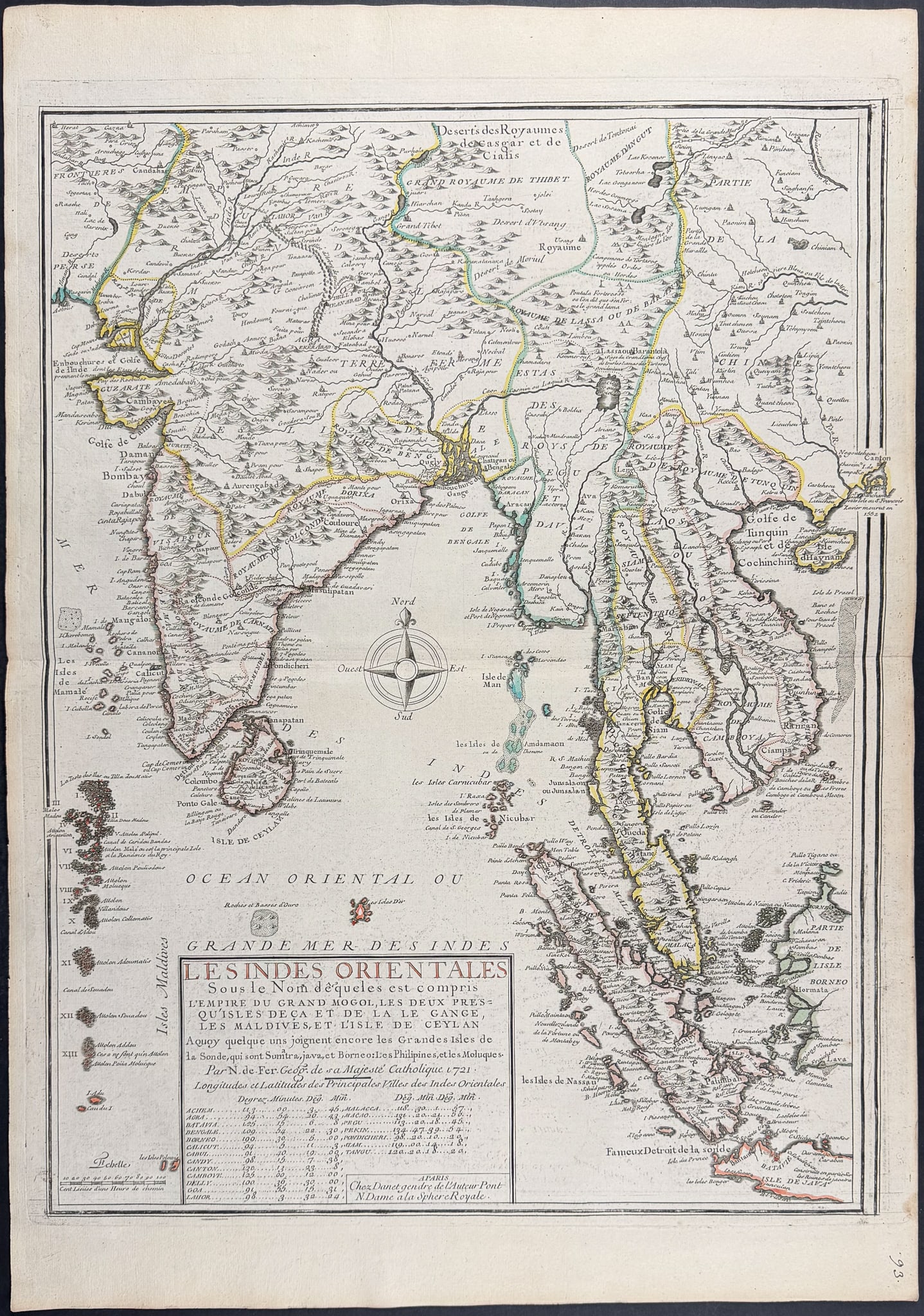 De Fer - Map of Southeast Asia (India, Maldives, Ceylon (Sri Lanka)): This historic map is from Nicolas de Fer's Atlas or collection of geographical maps, drawn up on the new observations of Mrs. of the Royal Academy of Sciences. The atlas was published in Paris in 1709