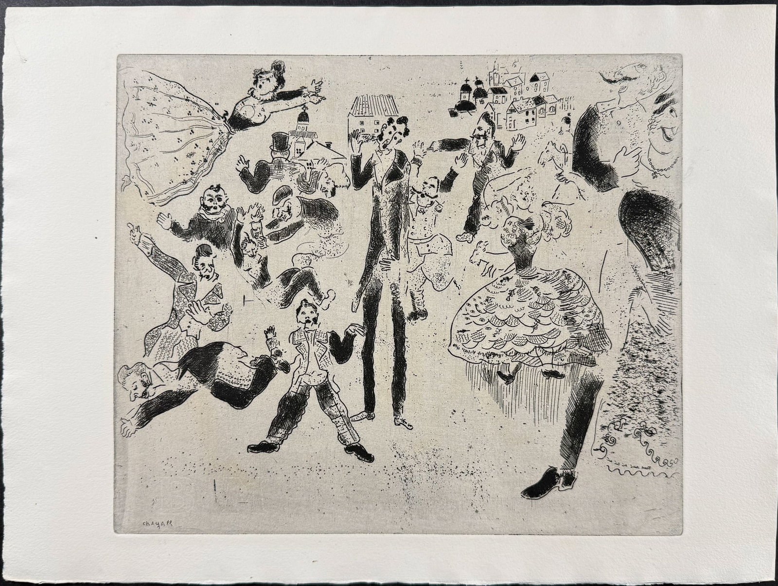 Chagall - The Orgy Degenerates into a Brawl - L'Orgie Degenere en Rixe: This beautifully illustrated, original etching by Marc Chagall was part of Nikolai Gogol's "Les Ames Mortes". The work was published in Paris by Teriade in 1948. This was a limited edition of 368 copi