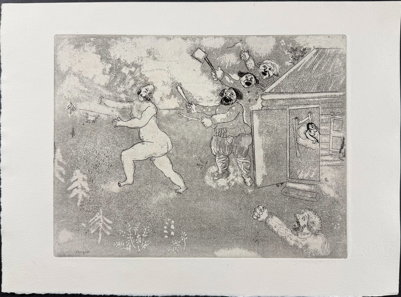 Chagall - The Naked Escape - La Fuite tout Nu: This beautifully illustrated, original etching by Marc Chagall was part of Nikolai Gogol's "Les Ames Mortes". The work was published in Paris by Teriade in 1948. This was a limited edition of 368 copi