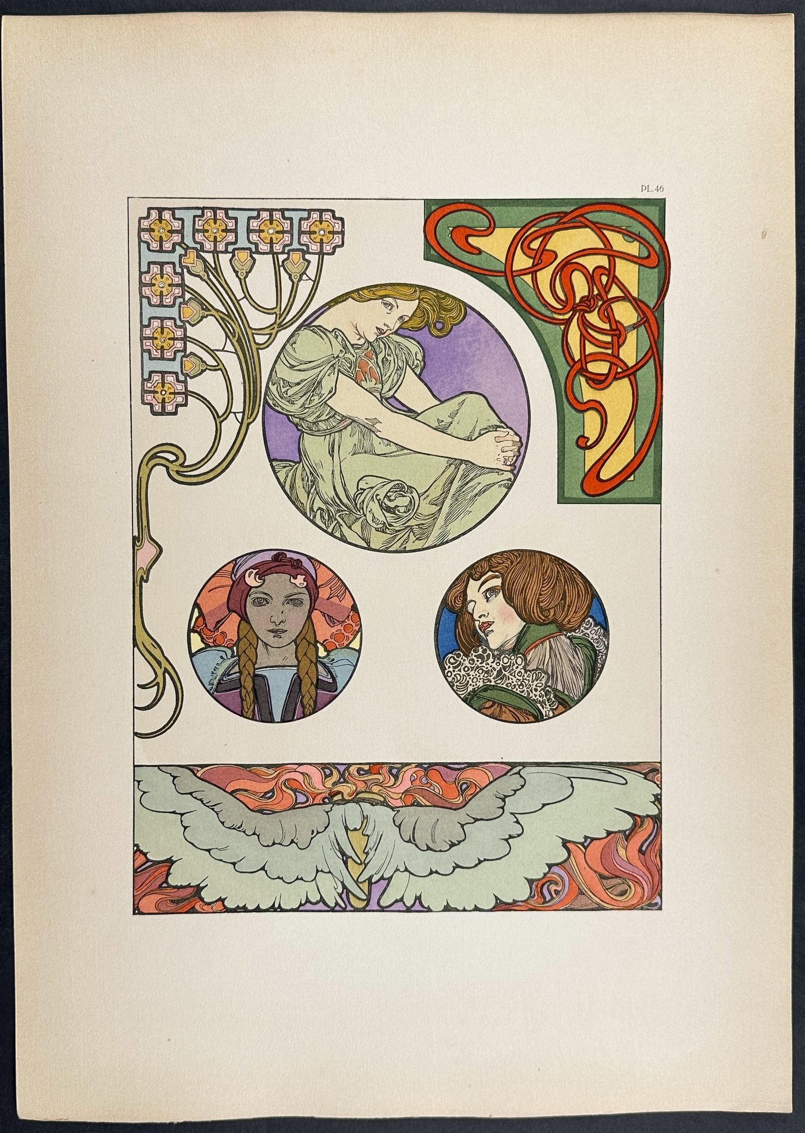 Mucha, Folio - Illustration of Women & Wings. 46: This stunning and rare lithograph is from Alphonse Mucha's "Documents d?coratifs" which was edited by Gabriel Mourey. The work was published in Paris by Librairie centrale des Beaux-Arts in 1902. The 