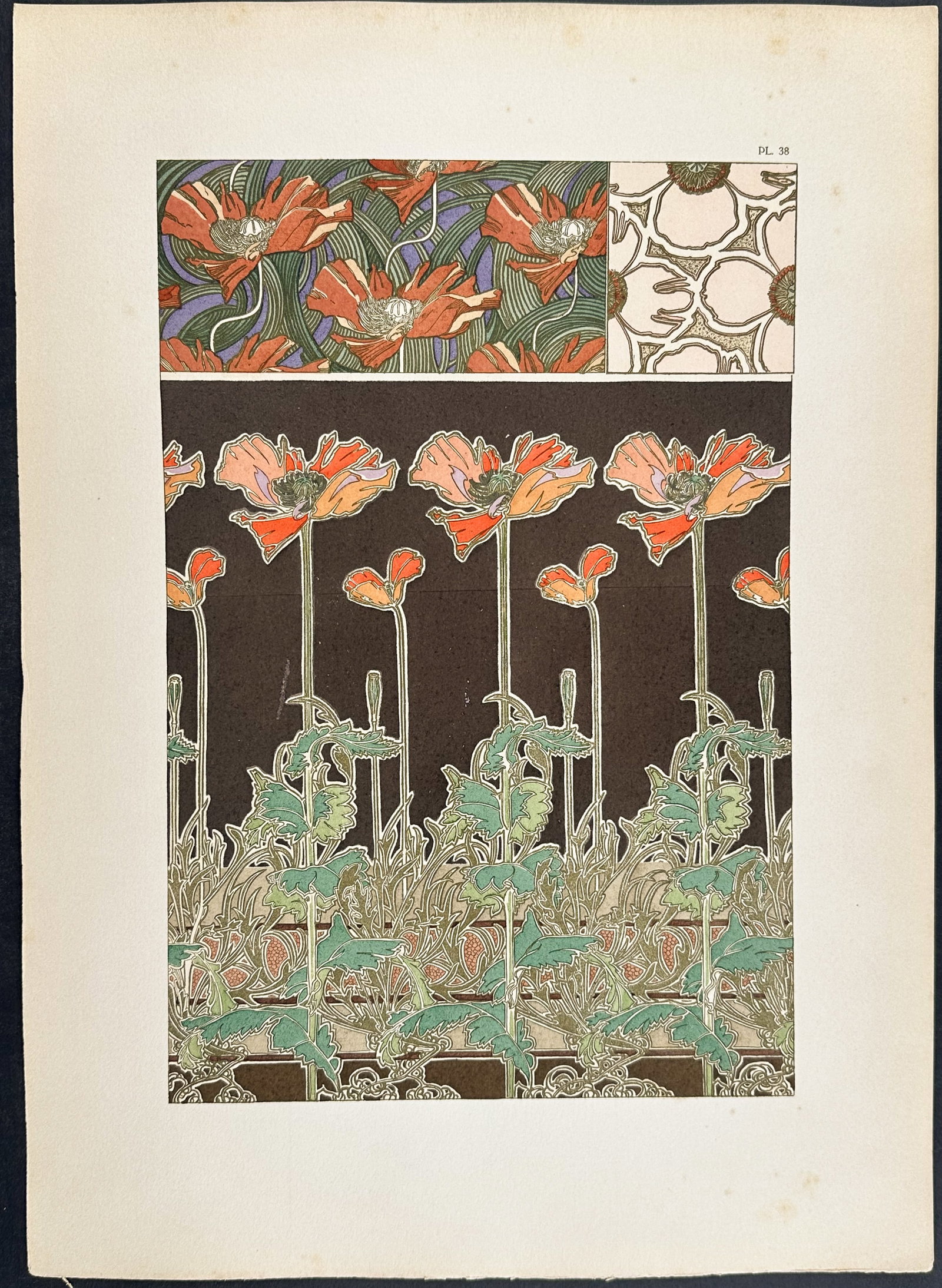 Mucha, Folio - Floral Design or Motif. 38: This stunning and rare lithograph is from Alphonse Mucha's "Documents d?coratifs" which was edited by Gabriel Mourey. The work was published in Paris by Librairie centrale des Beaux-Arts in 1902. The 