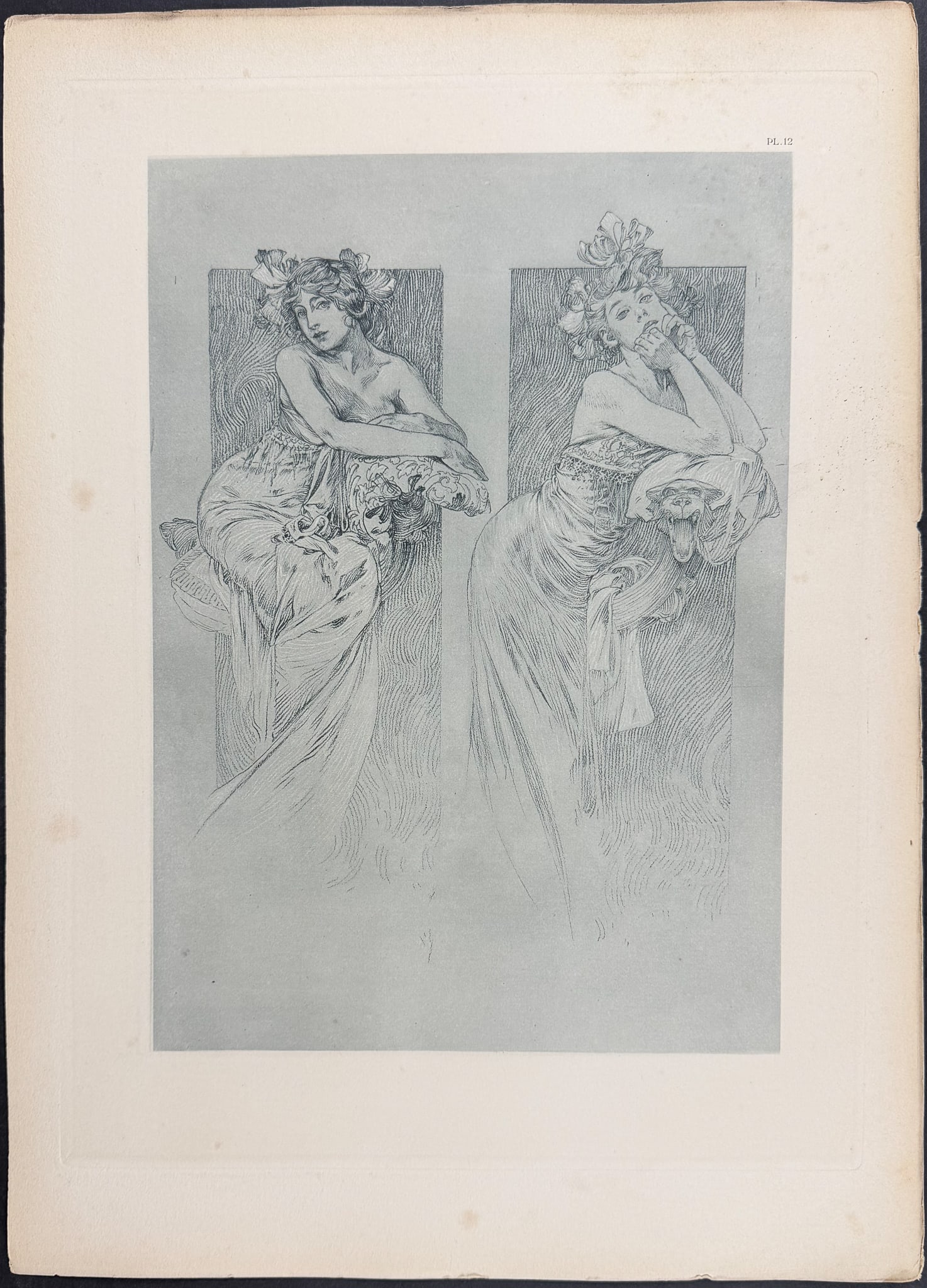 Mucha, Folio - Illustrations of Women. 12: This stunning and rare lithograph is from Alphonse Mucha's "Documents d?coratifs" which was edited by Gabriel Mourey. The work was published in Paris by Librairie centrale des Beaux-Arts in 1902. The 