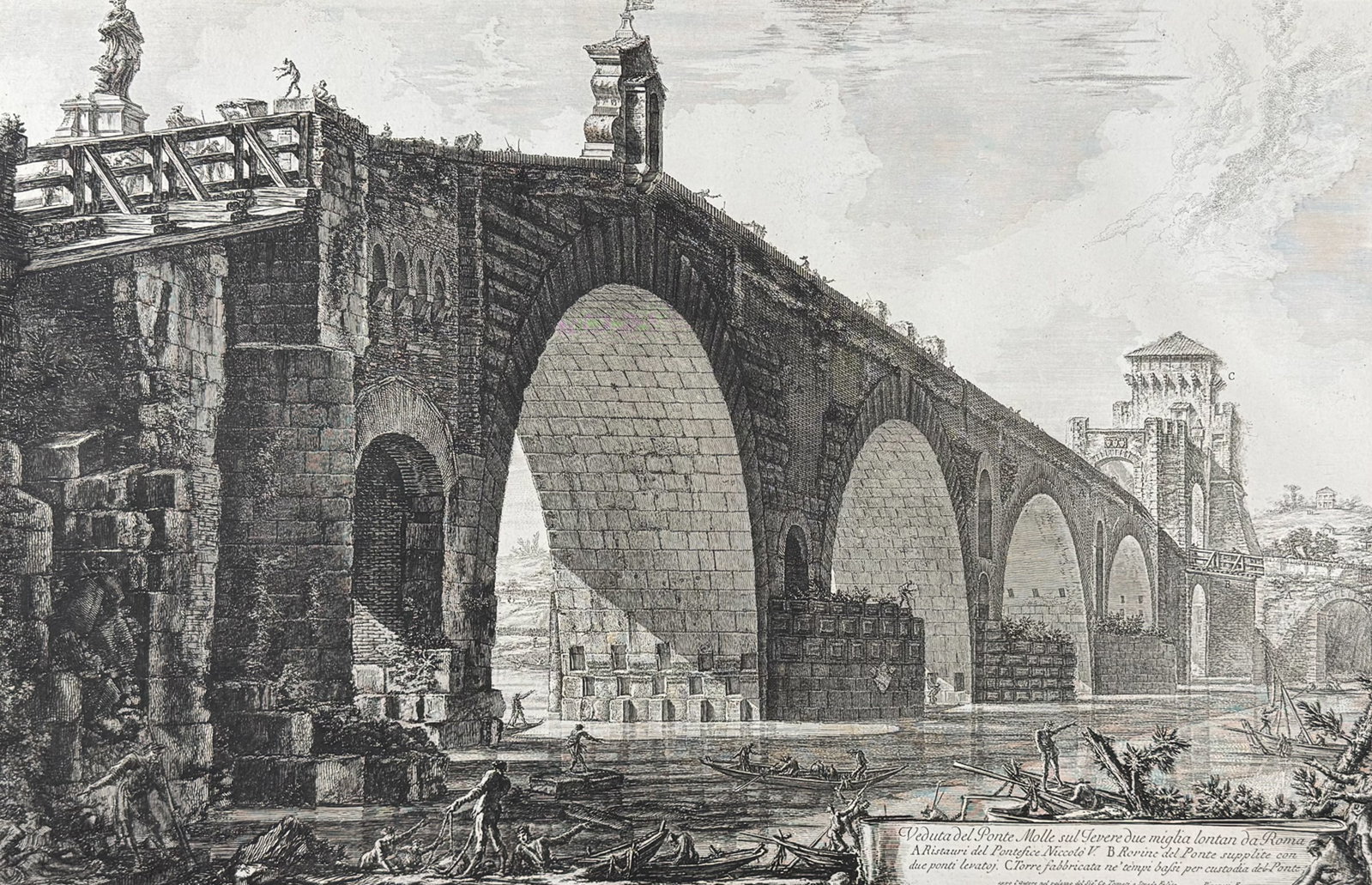 Piranesi, Folio - View of the Ponte Molle (Milvian Bridge) over the Tiber, two miles from Rome?: This extraordinary large folio etching is from Giovanni Battista Piranesi's "Vedute di Roma". This from a mixed edition of the work published in Rome & Paris likely published c1778 to early 1800s. The