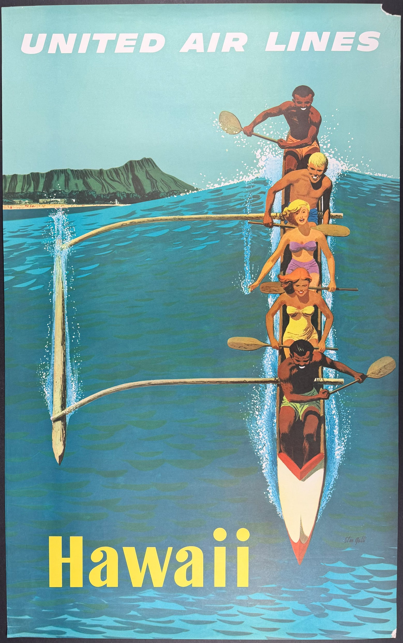 Stan Galli - Tourism Poster of Hawaii for United Airlines: This vibrant wall poster was done by Stan Galli for United Airlines to promote tourism to Hawaii. It was published circa 1960. The image depicts a fun scene off the coast of Hawaii in an outrigger can
